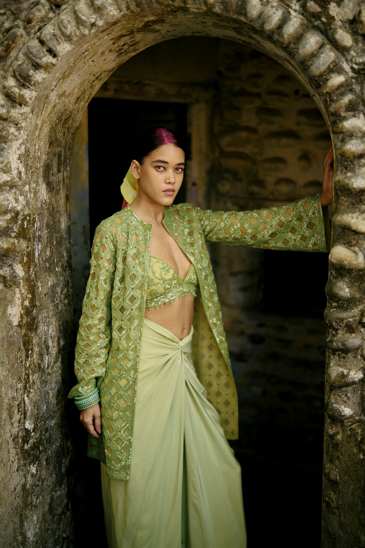 Green Crepe Drape Skirt