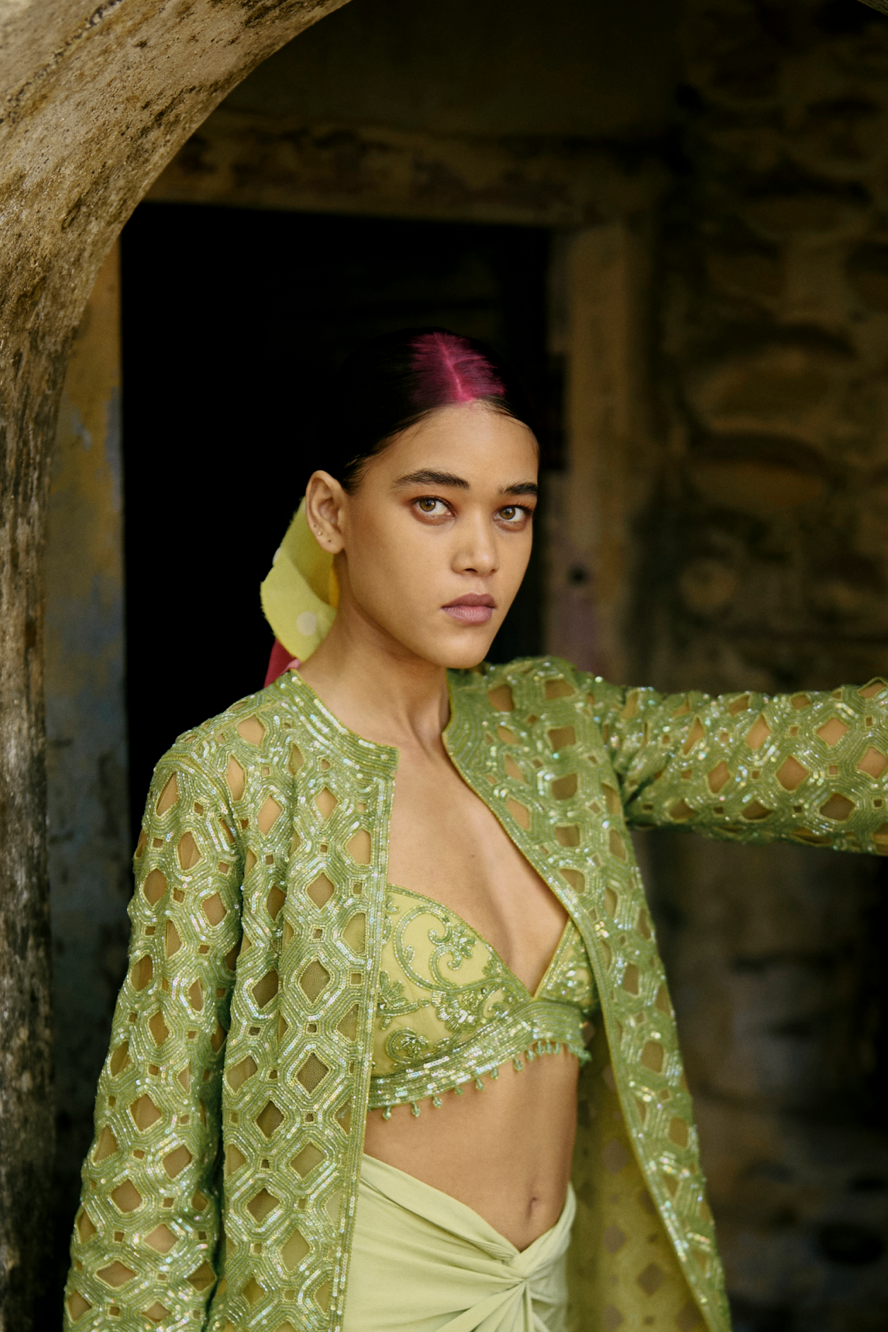 Green Crop Top With Jaal Embroidery