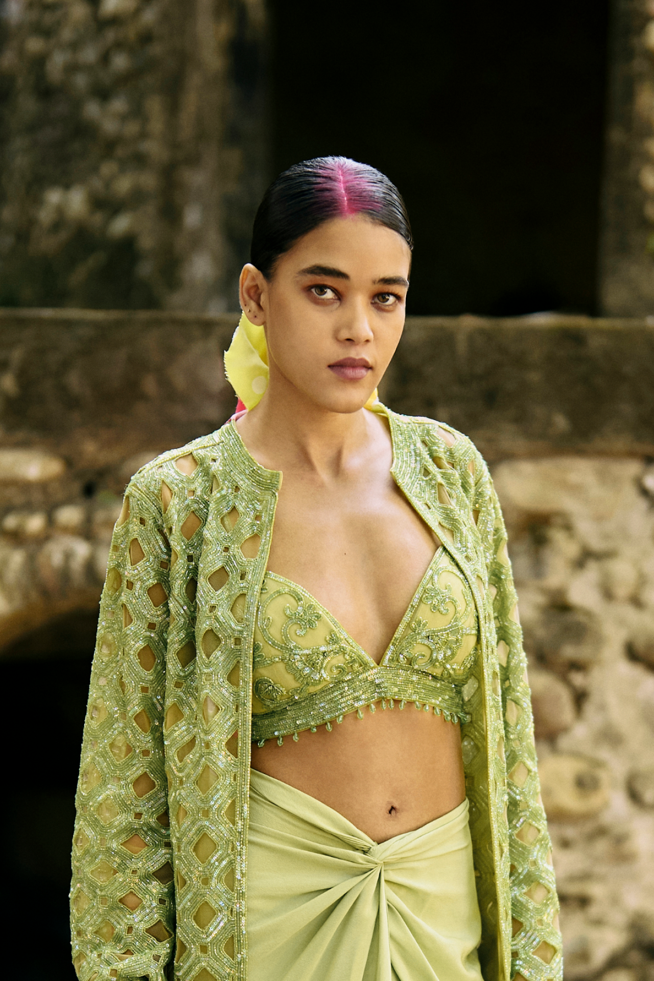 Green Crop Top With Jaal Embroidery