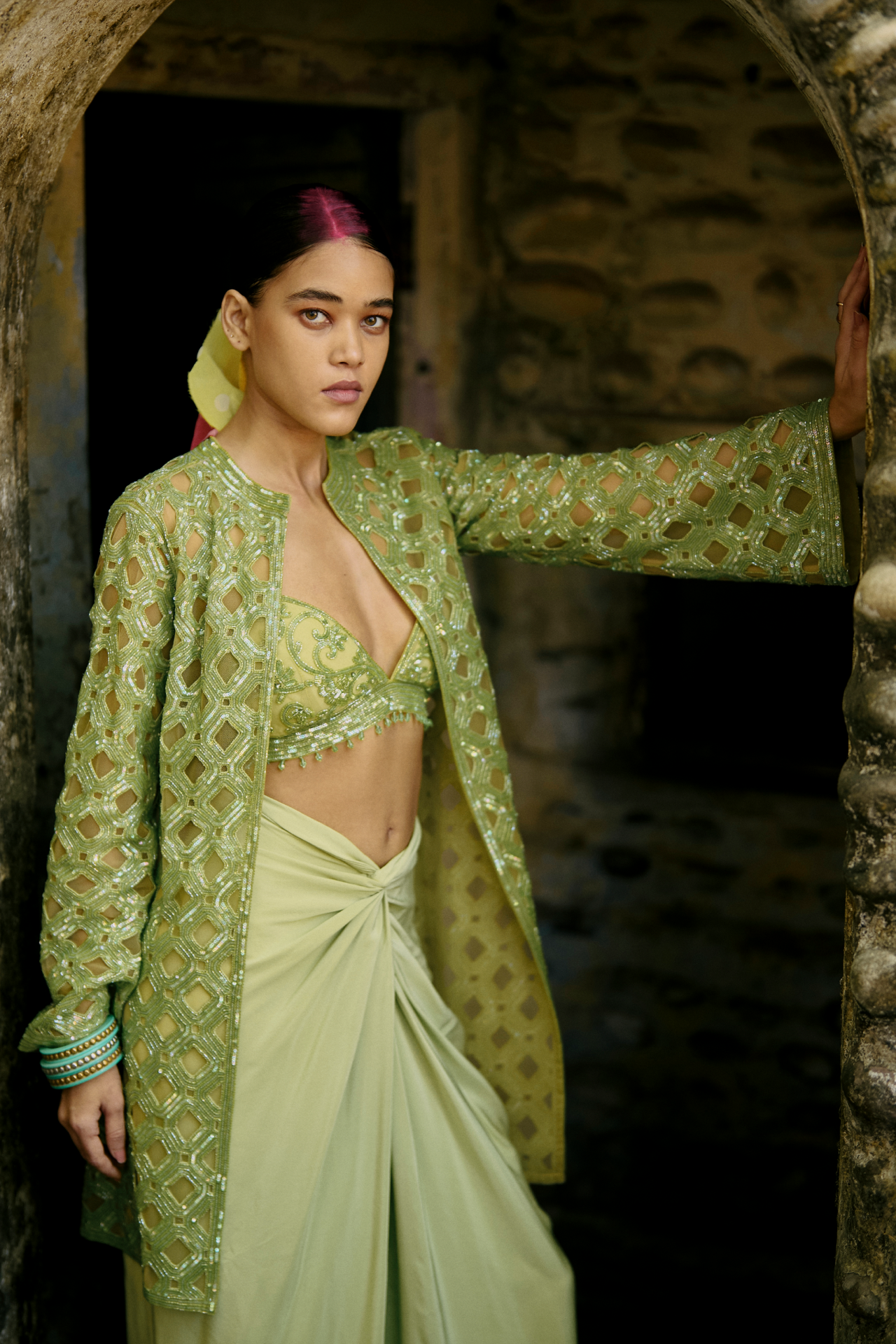 Green Cutwork Cape With Sleeves