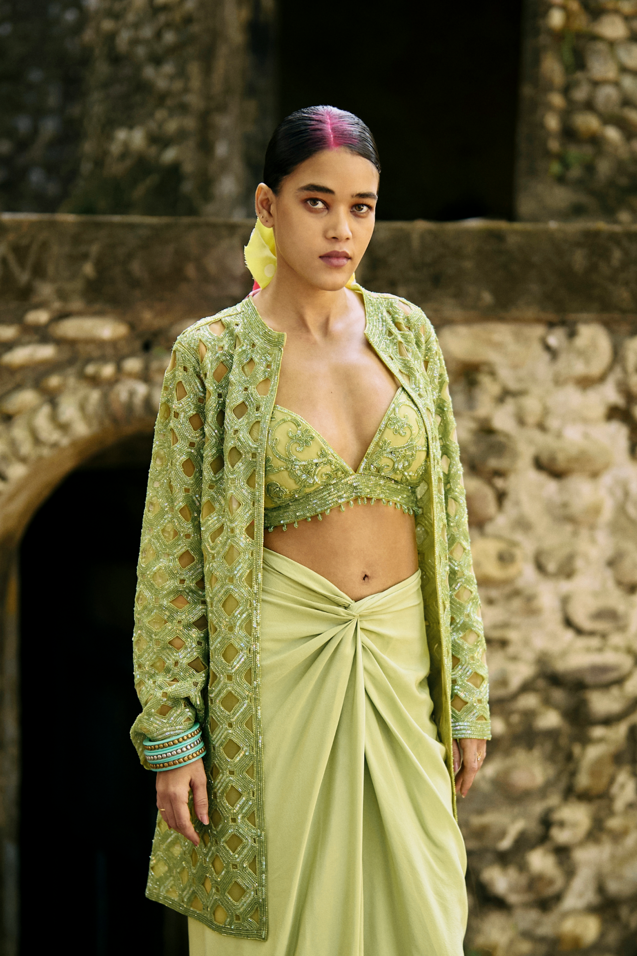 Green Cutwork Cape With Sleeves