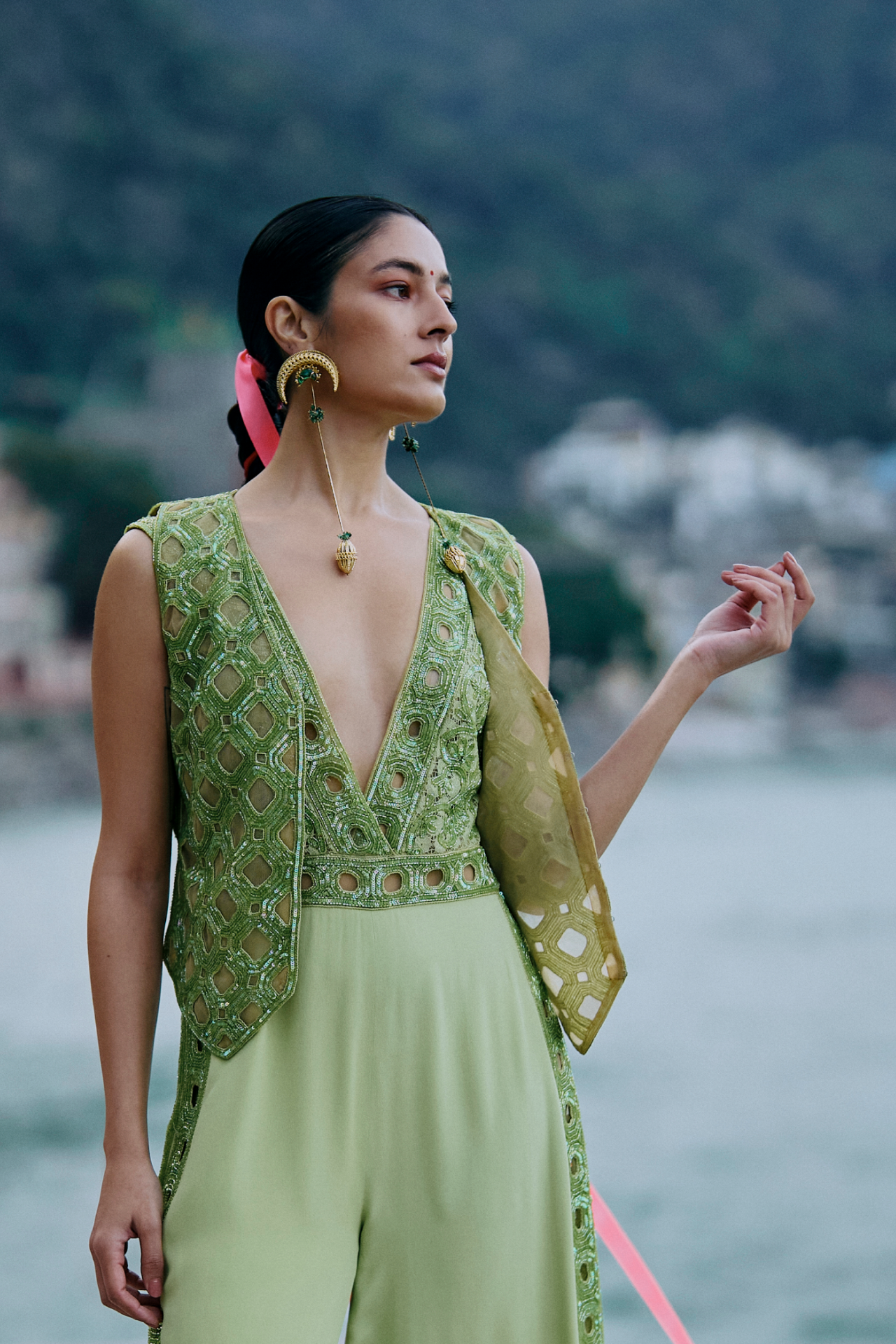 Green Cutwork Waistcoat