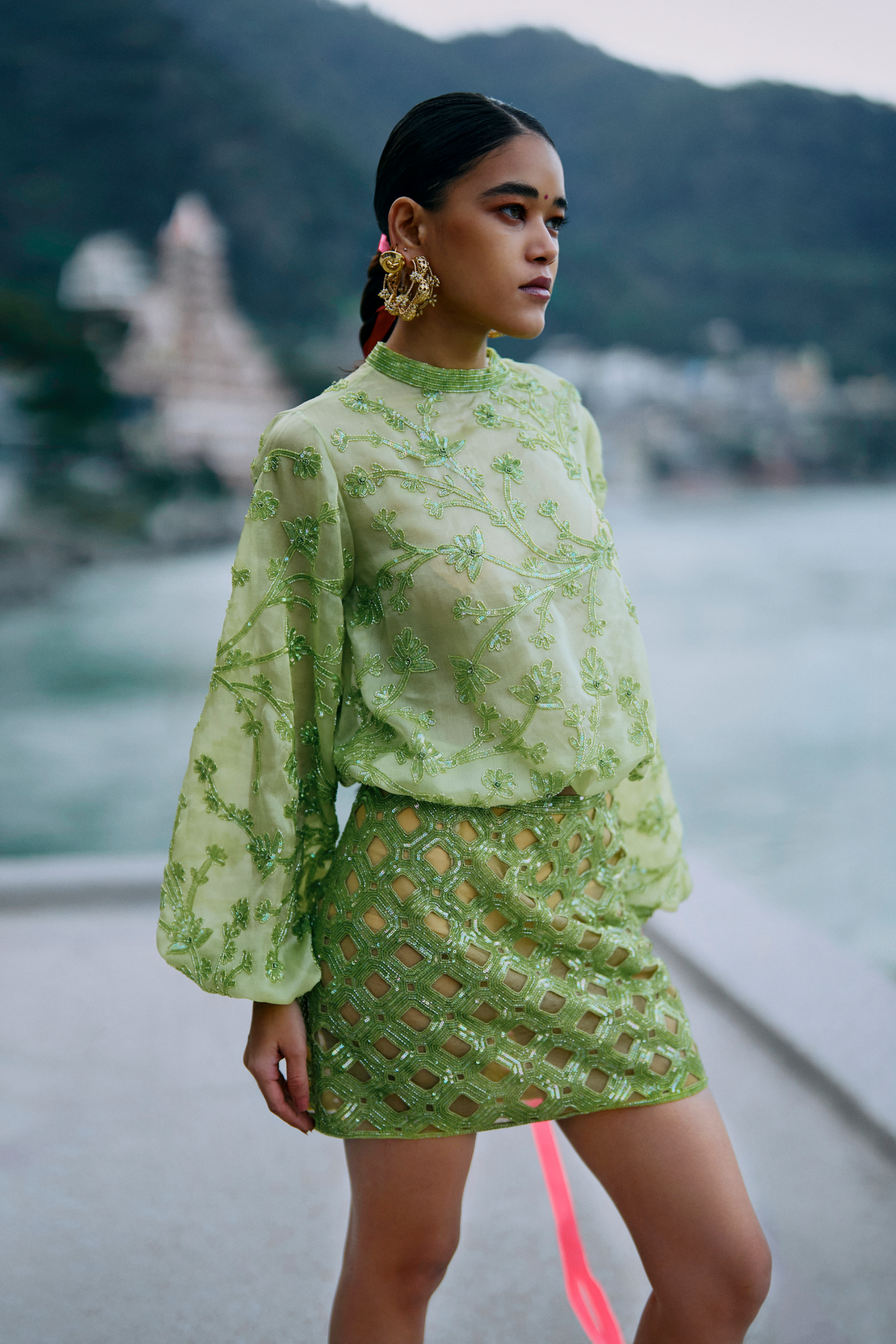 Green Short Skirt With Cutwork Embroidery