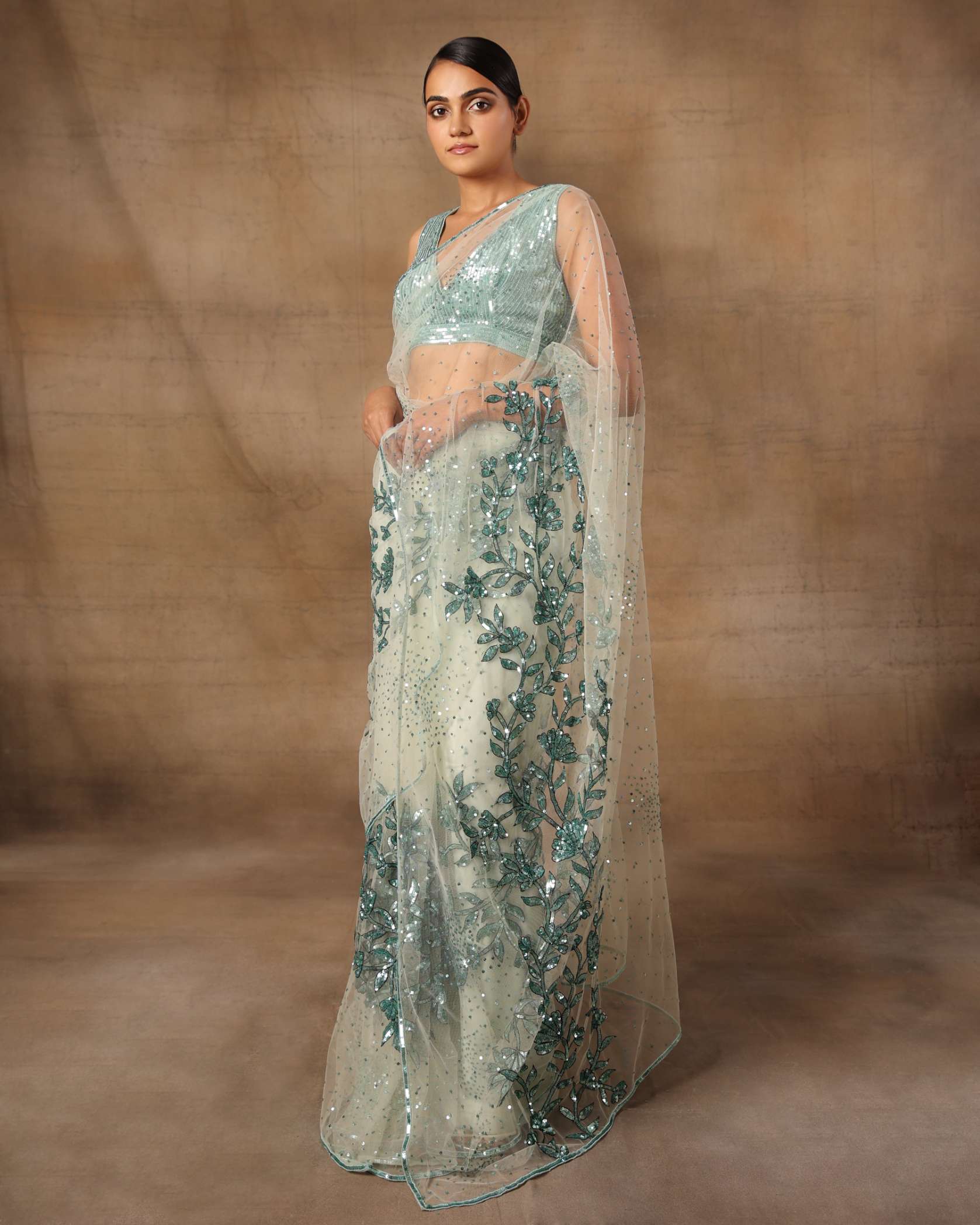 Green Floral Saree with Petticoat