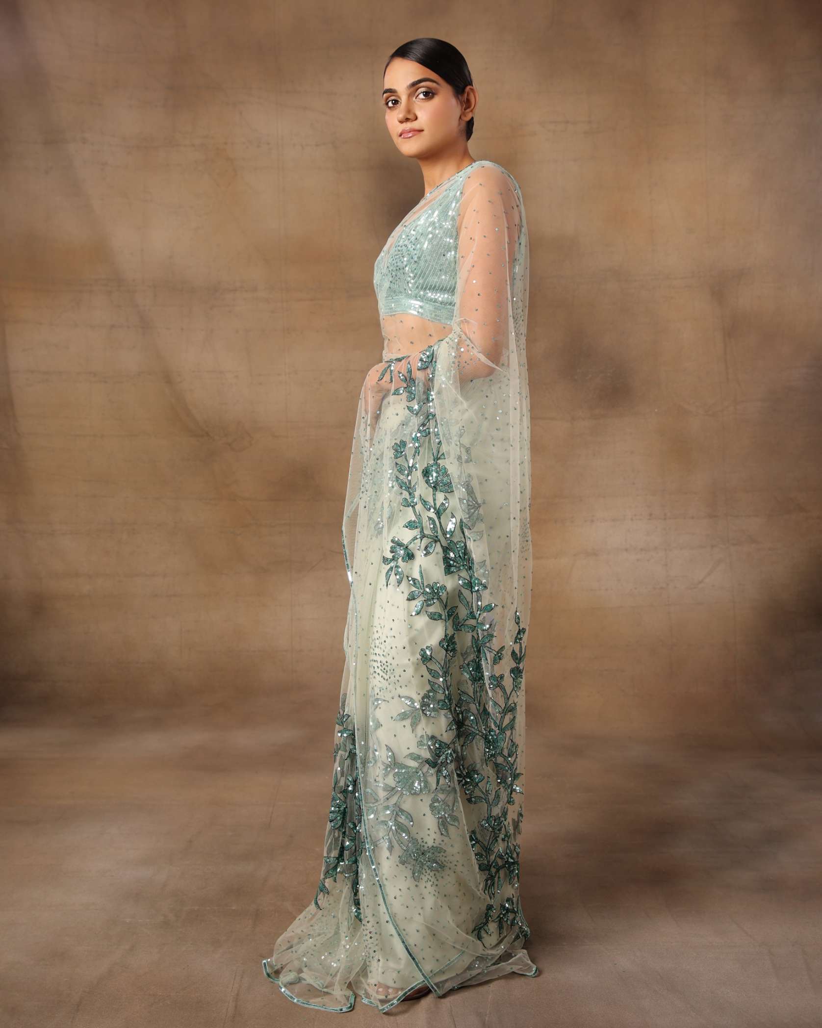 Green Floral Saree with Petticoat