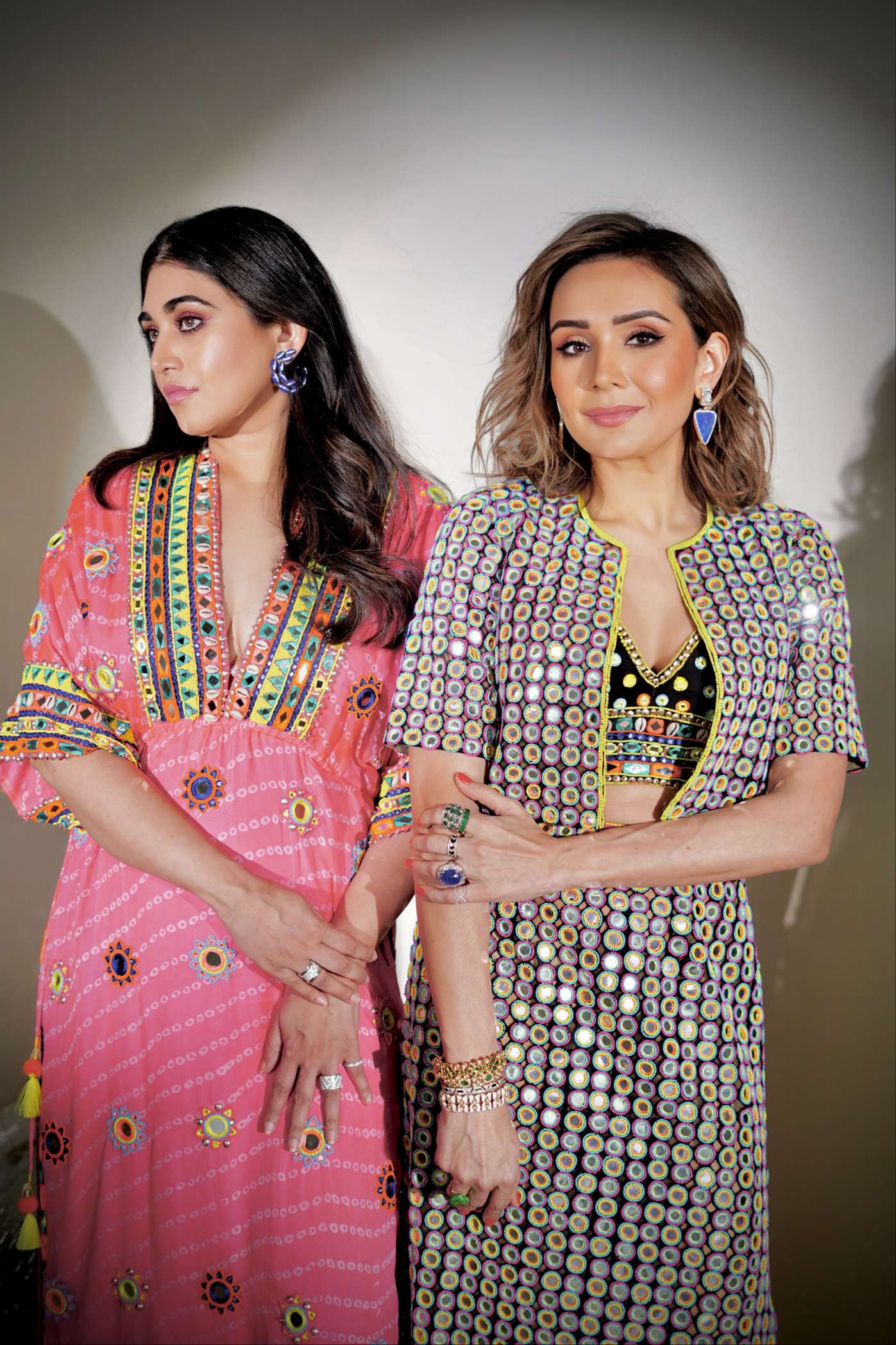 Pink Bandhani Kaftan with Multicoloured Mirror Work Embroidery