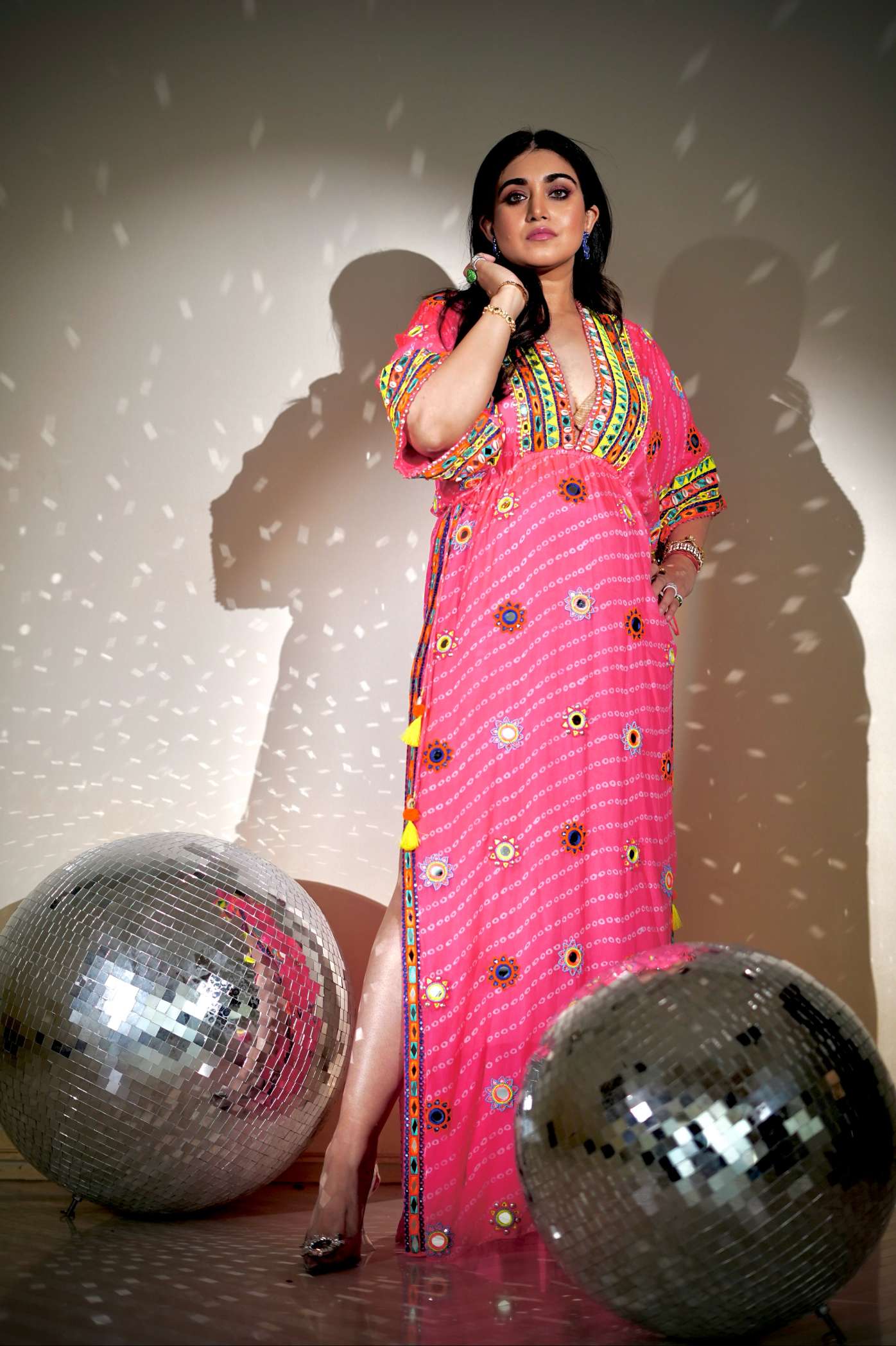 Pink Bandhani Kaftan with Multicoloured Mirror Work Embroidery