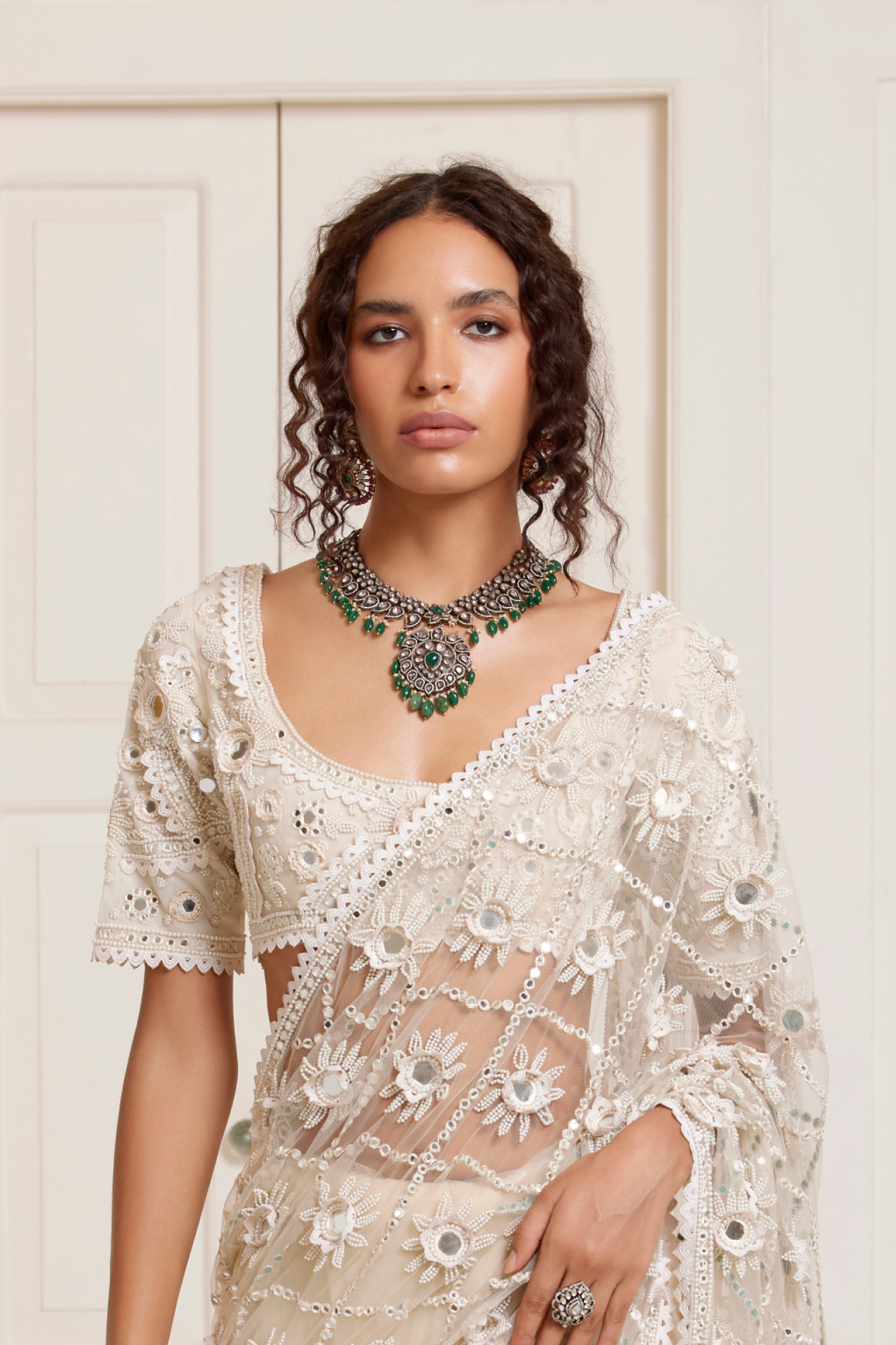 Ivory Jaal Choli With Sleeves