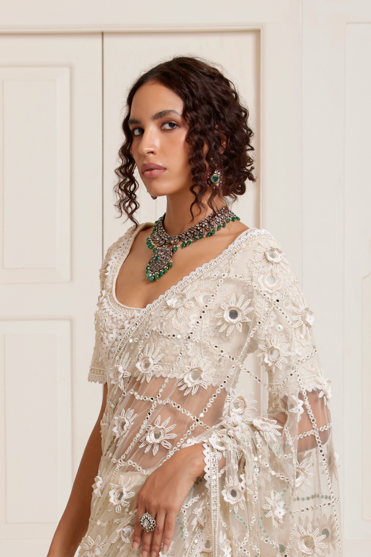 Ivory Jaal Choli With Sleeves