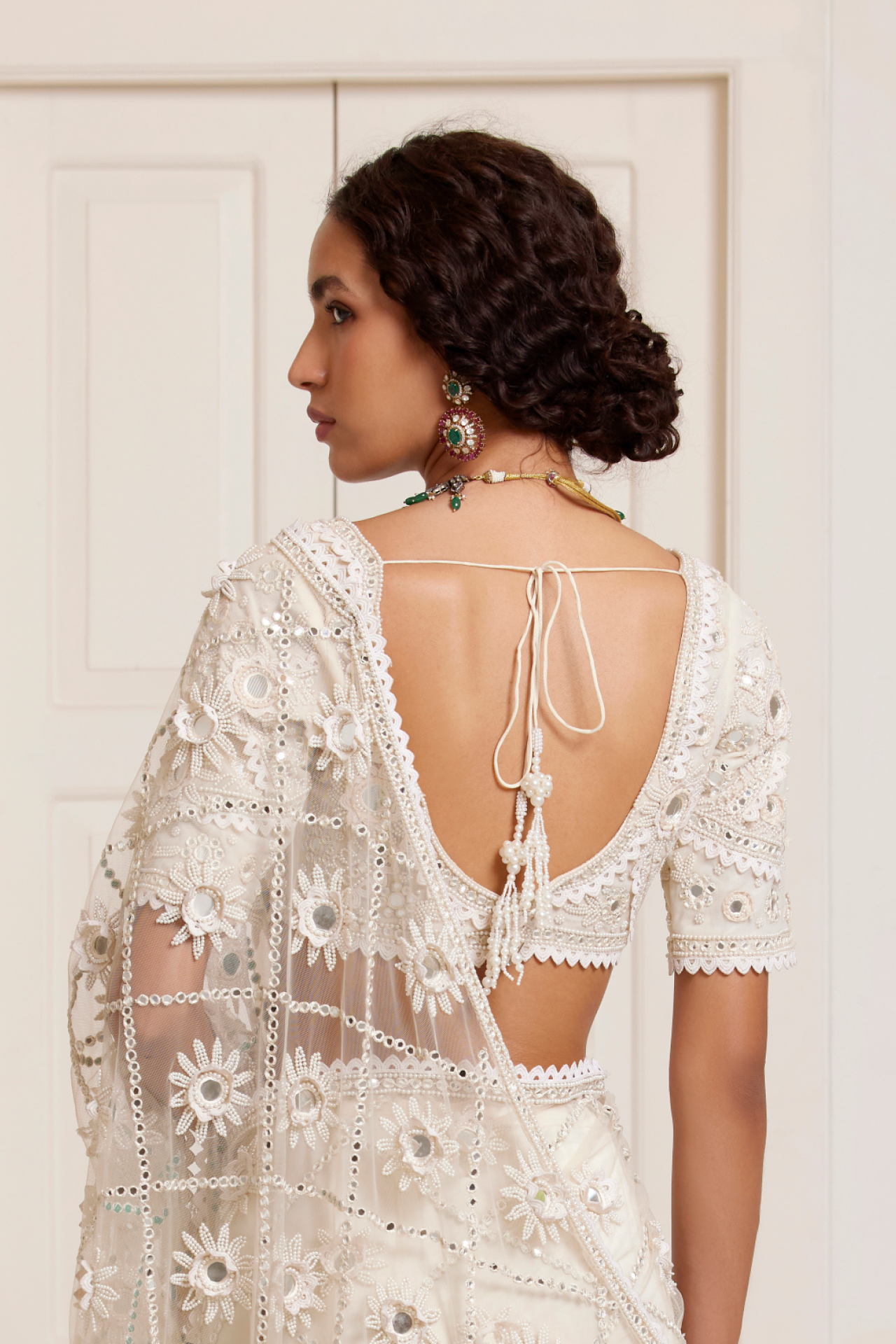 Ivory Jaal Choli With Sleeves
