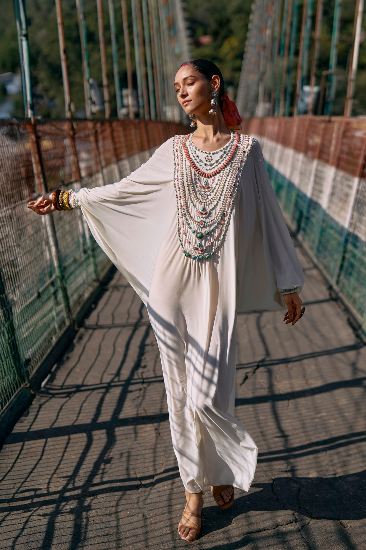 Ivory Jersey Jeweled Kaftan