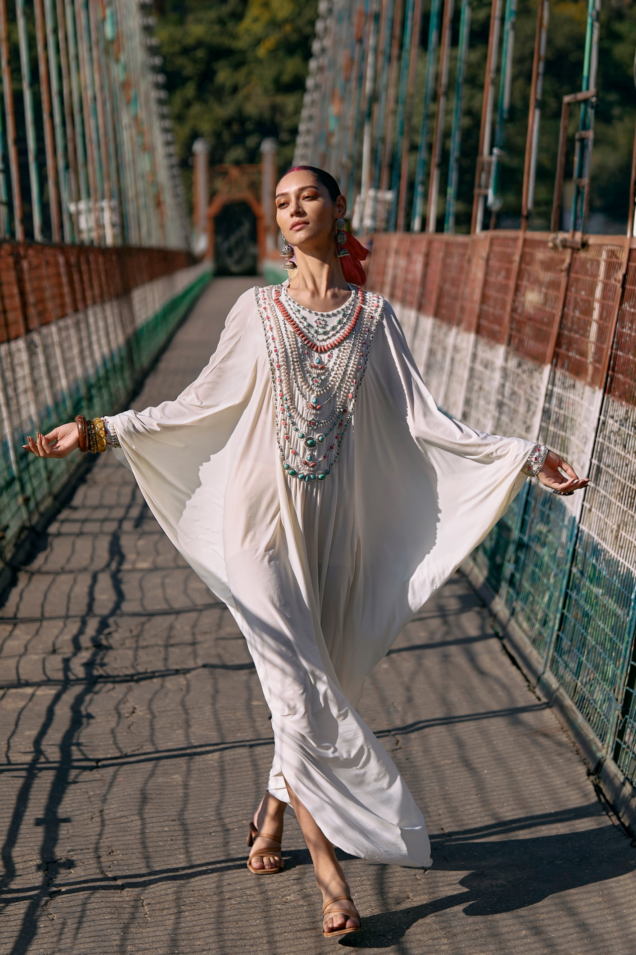 Ivory Jersey Jeweled Kaftan