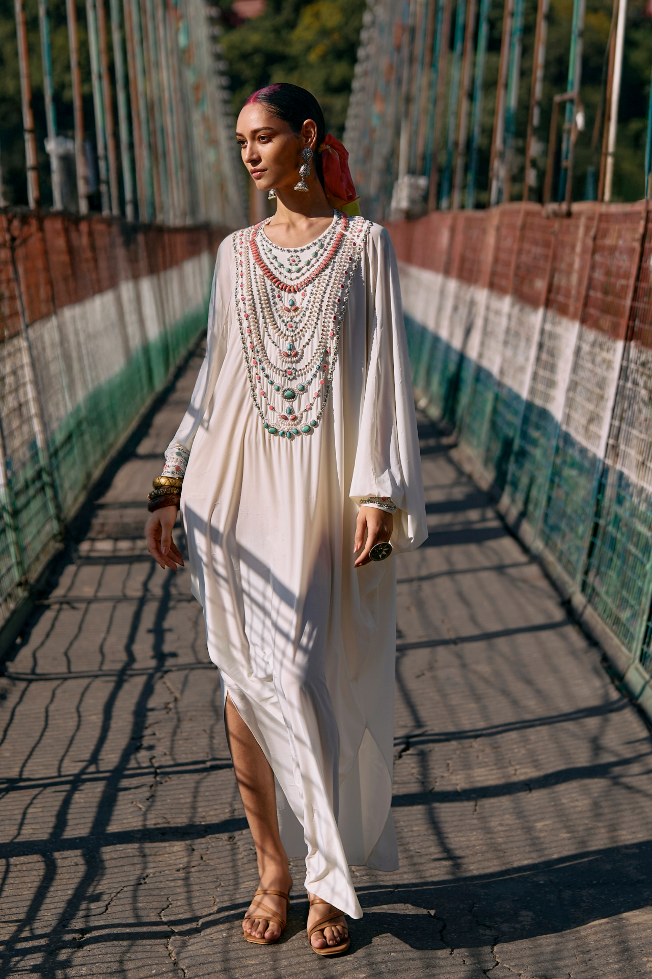 Ivory Jersey Jeweled Kaftan