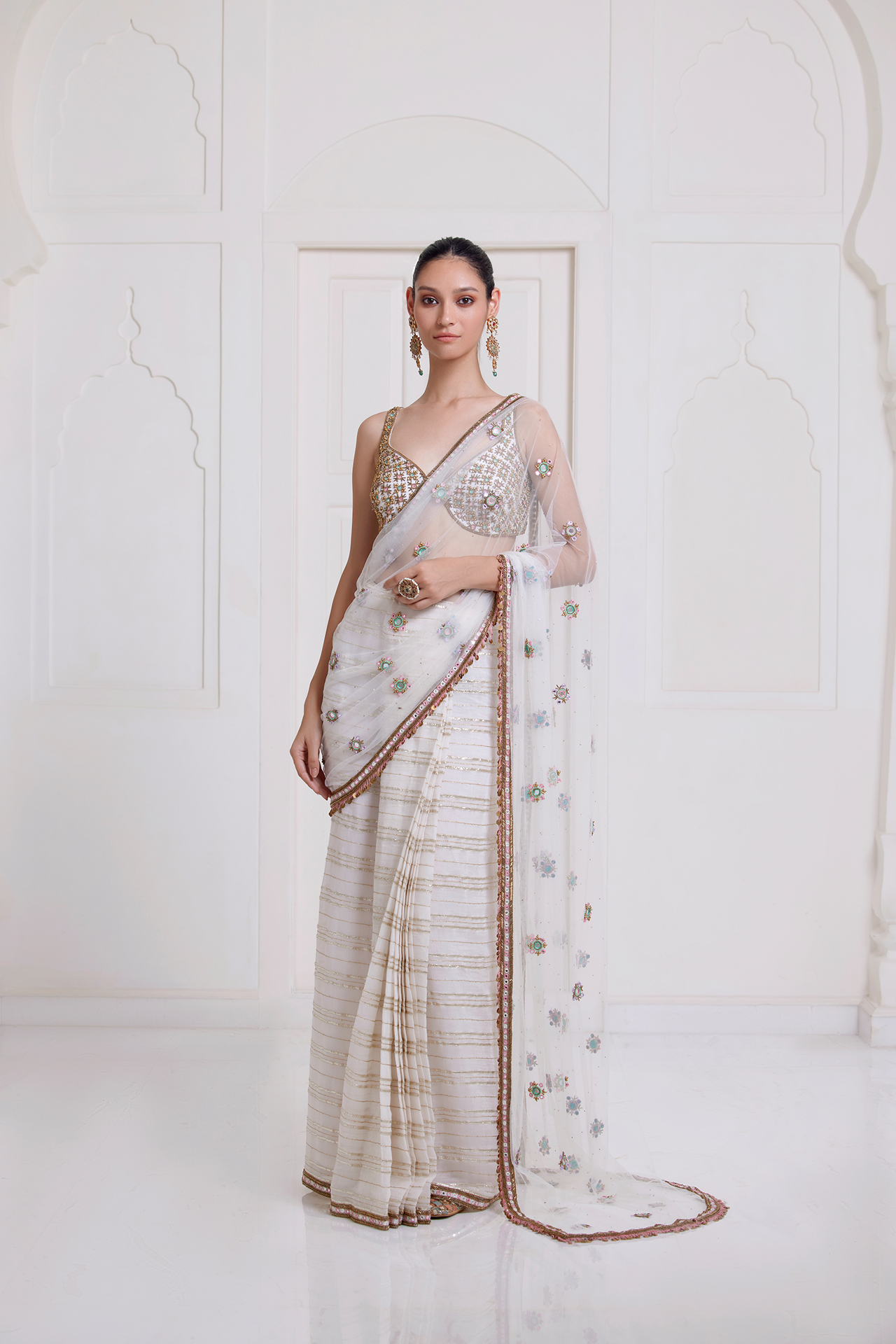 Ivory Pre-Stitched Saree with Butti Pallu