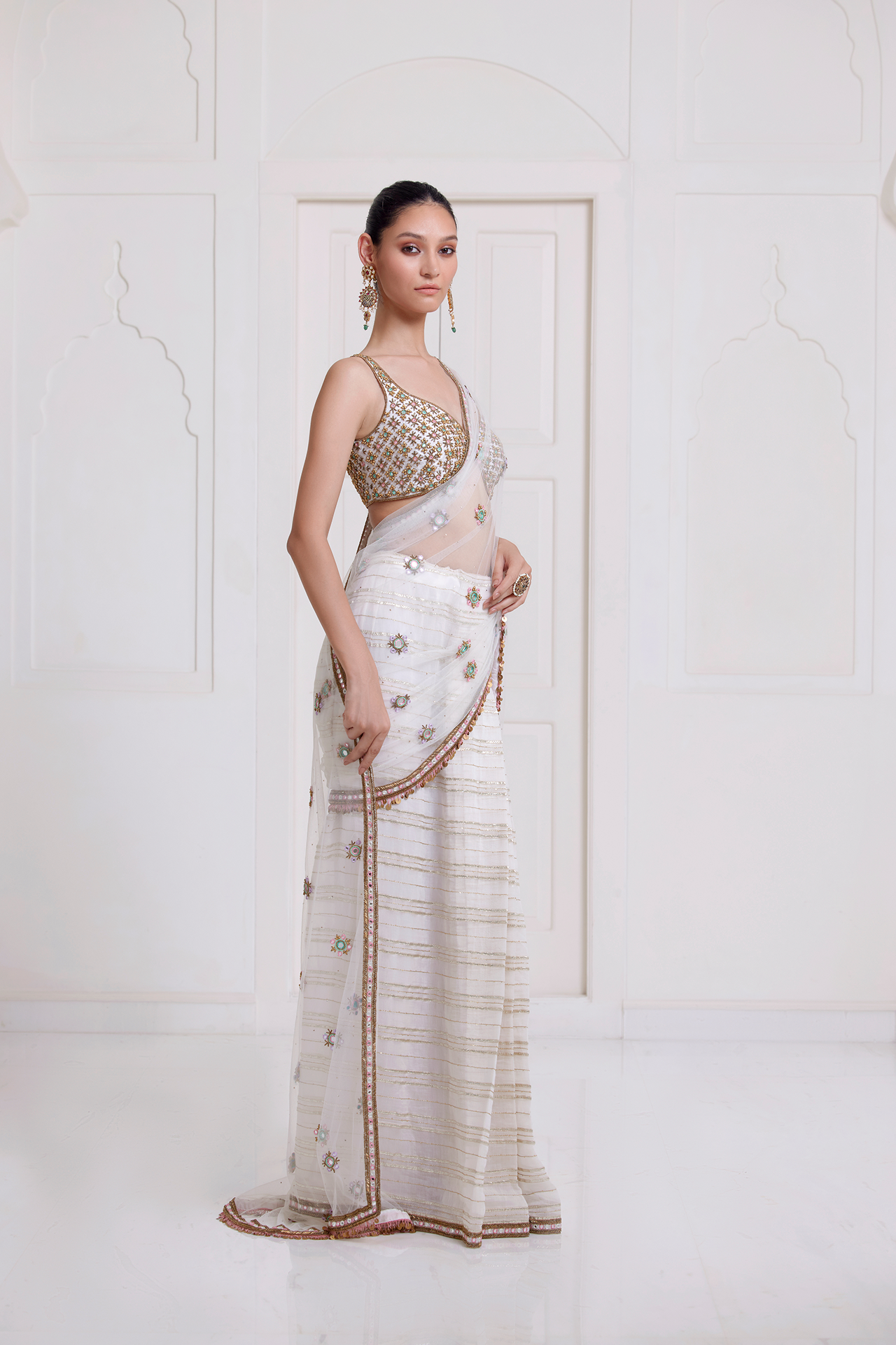 Ivory Pre-Stitched Saree with Butti Pallu