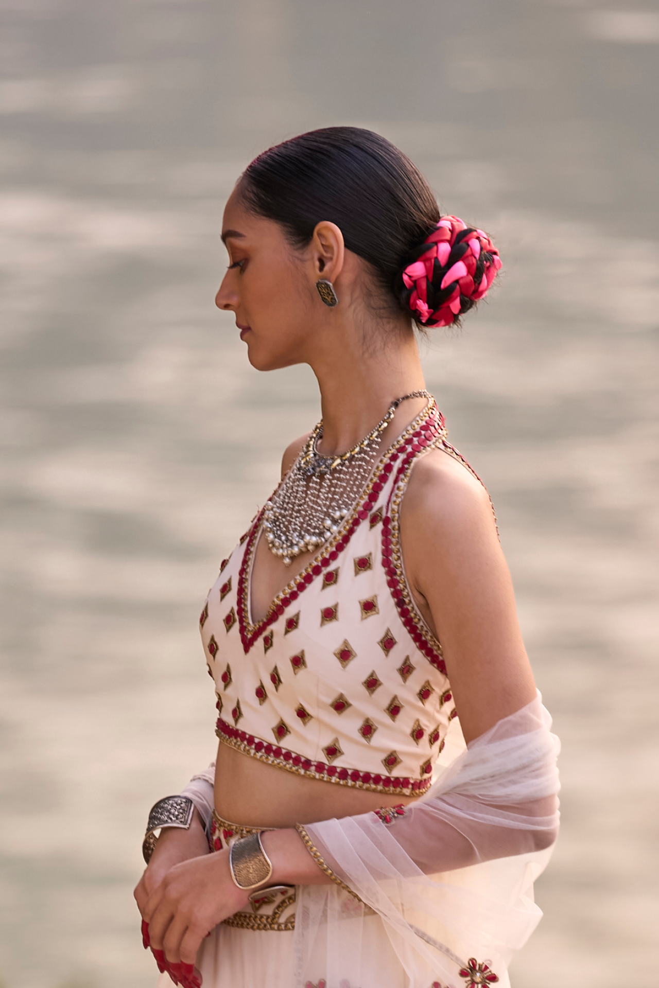 Ivory And Red Halter Choli
