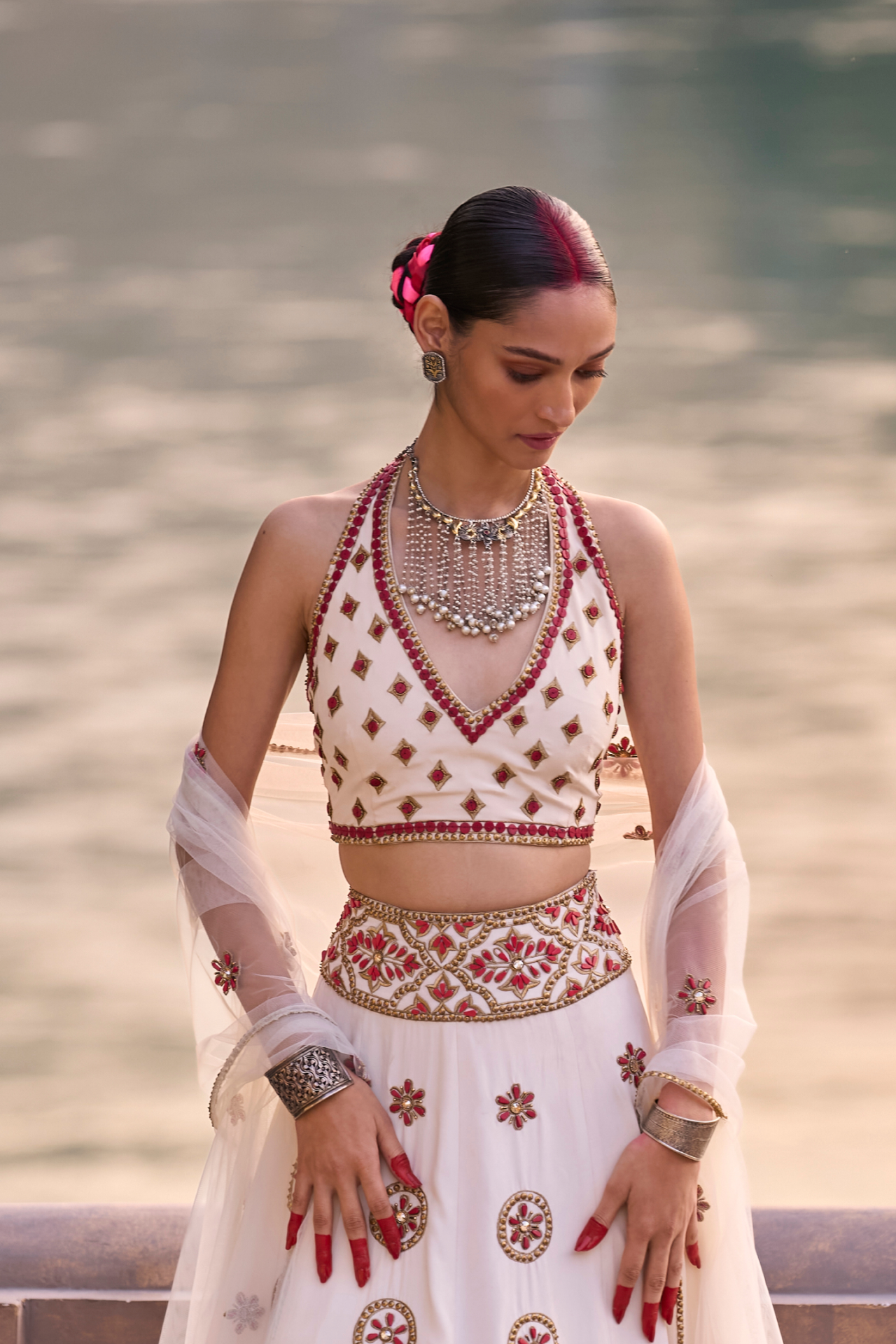Ivory And Red Halter Choli