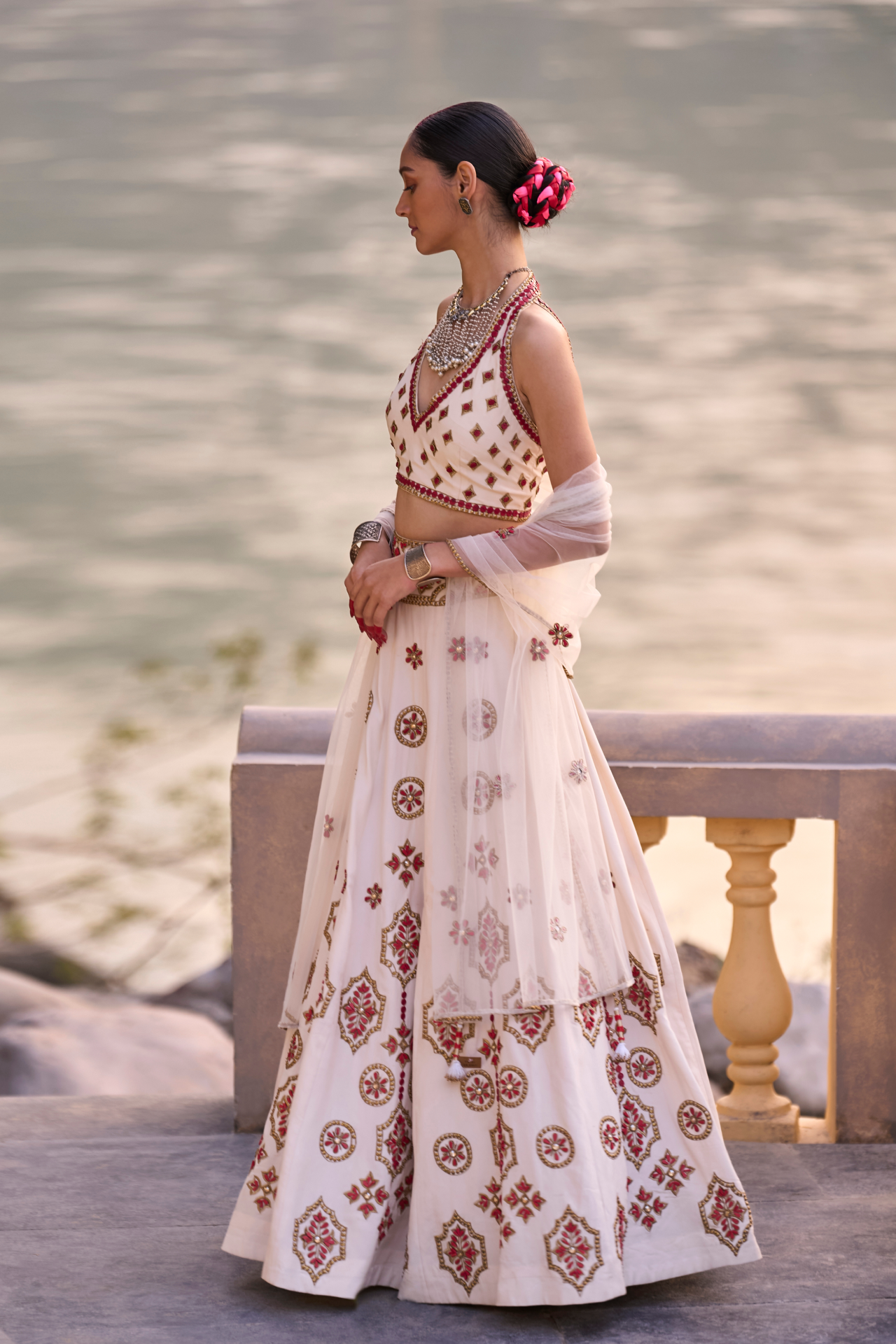 Ivory And Red Net Dupatta With Embroidered Buttis
