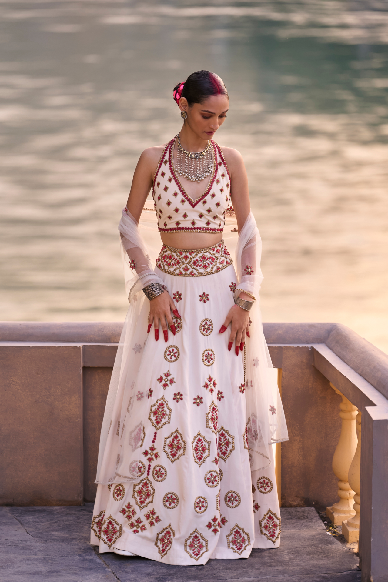 Ivory And Red Net Dupatta With Embroidered Buttis