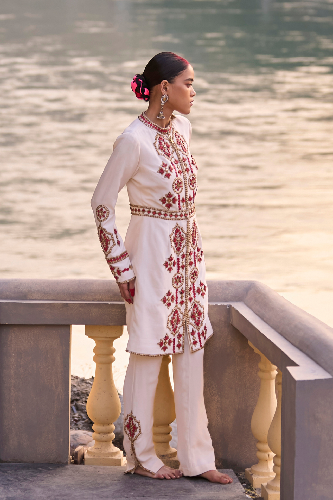 Ivory And Red Pants With Embroidery On The Side Slits