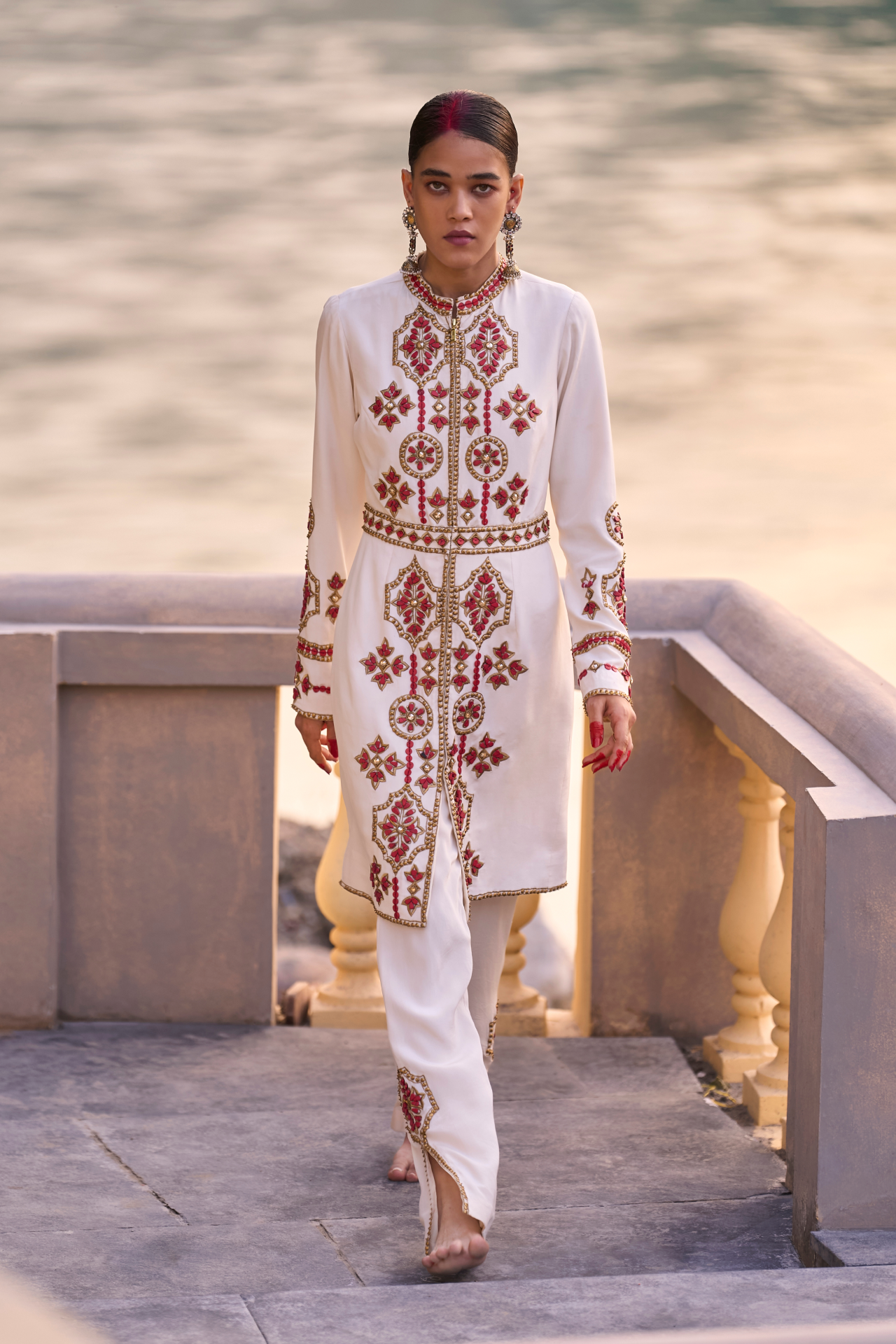 Ivory And Red Pants With Embroidery On The Side Slits