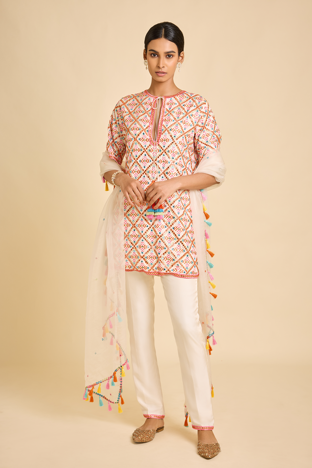 Ivory Embroidered Short Kurta