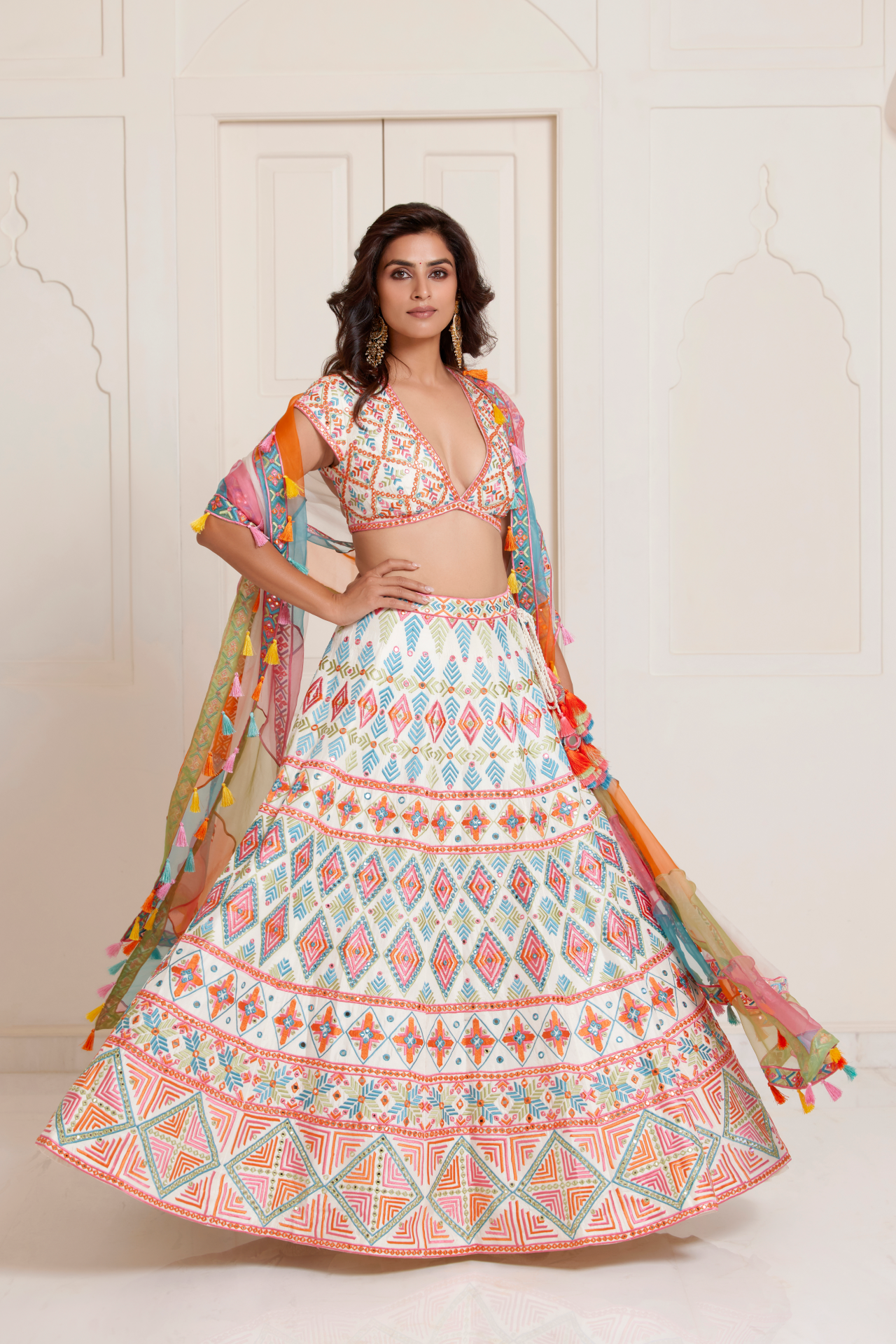 Ivory Multi Color Phulkari Organza Dupatta