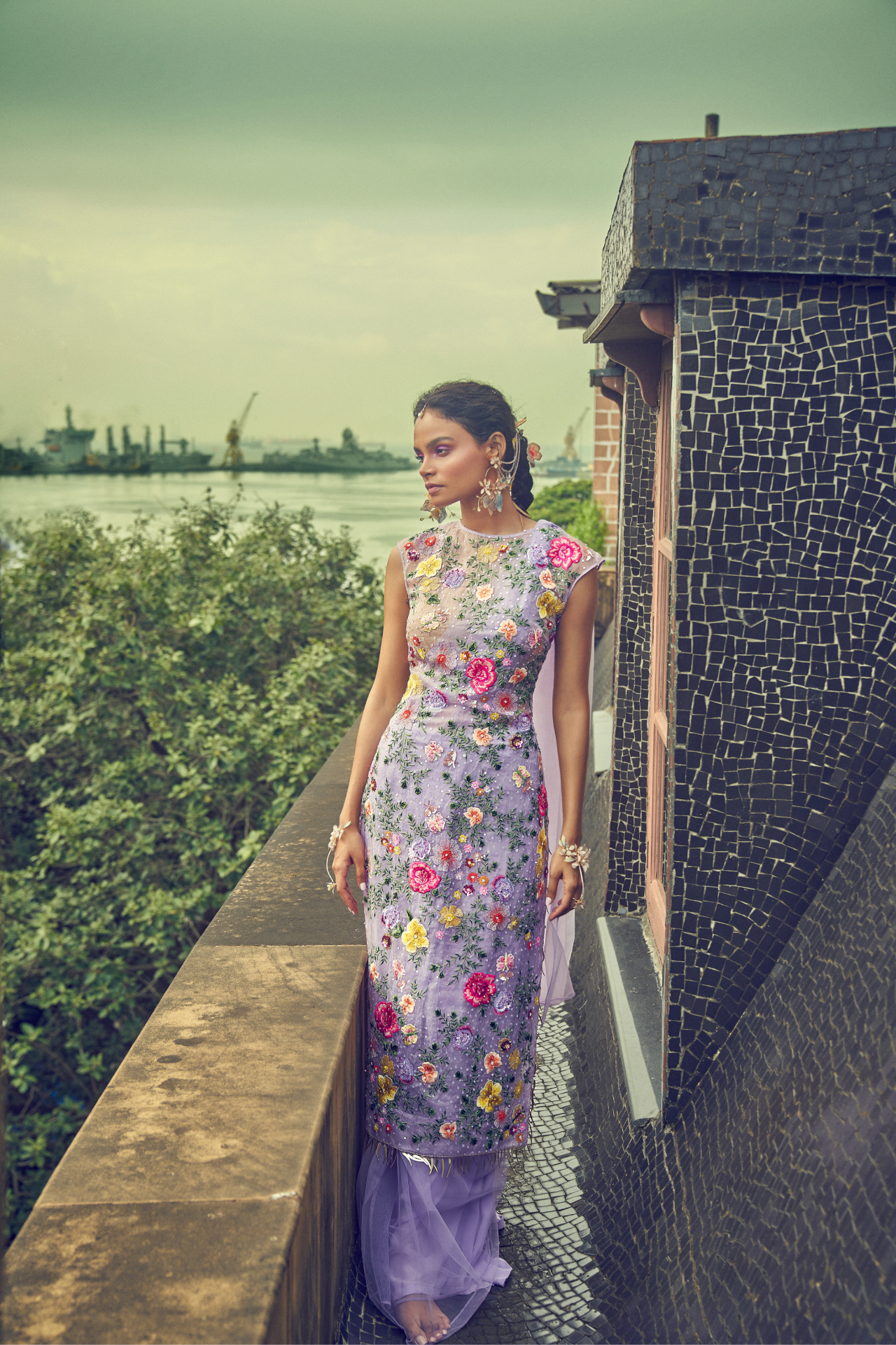 Lilac Long Floral Kurta with Slip