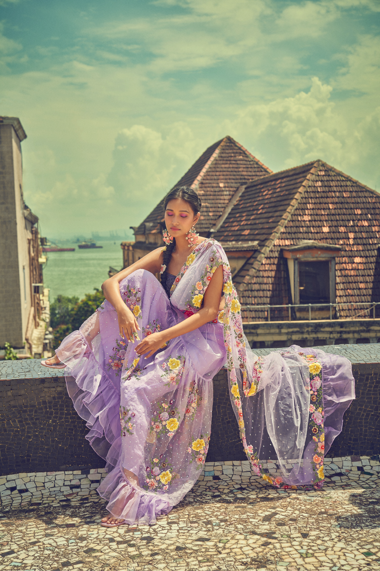 Lilac Two Tiered Stitched Saree with Ruffle