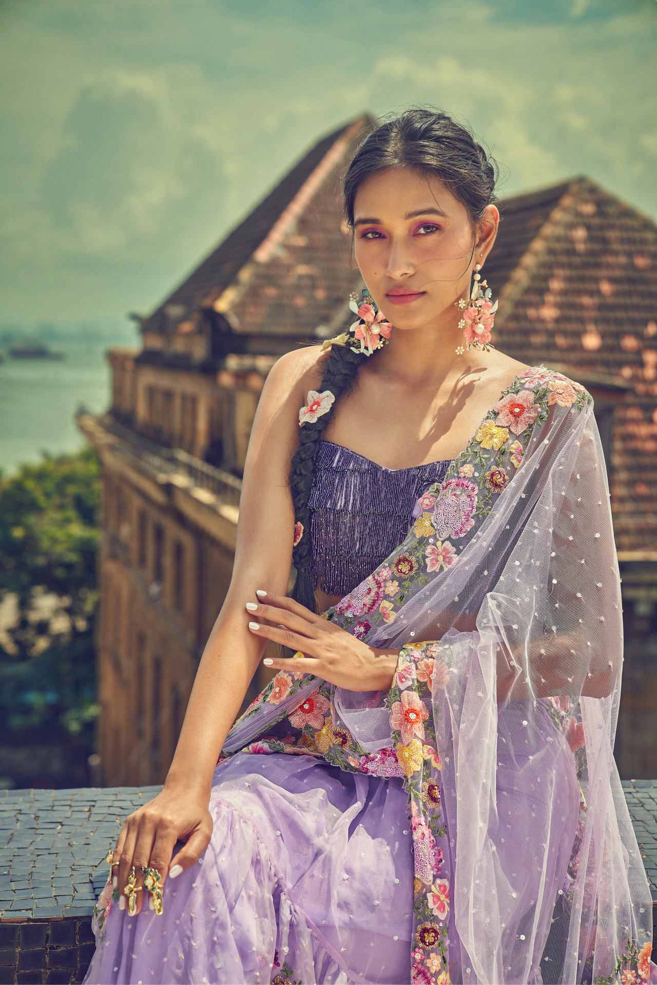 Lilac Two Tiered Stitched Saree with Ruffle