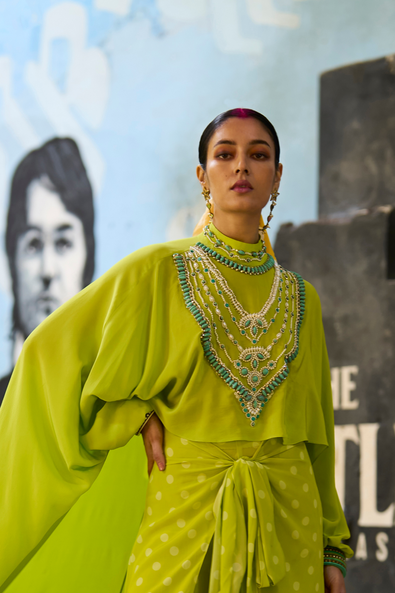 Lime Green Asymmetric Jeweled Top