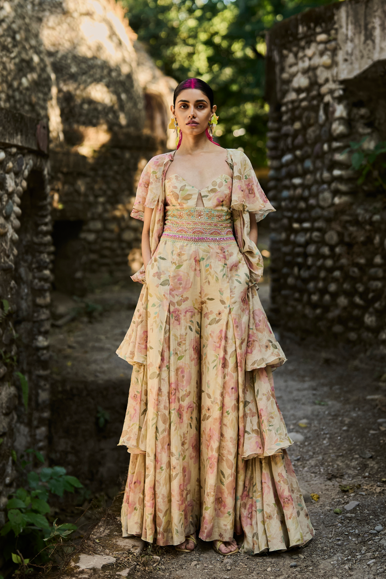 Long Floral Ruffled Cape