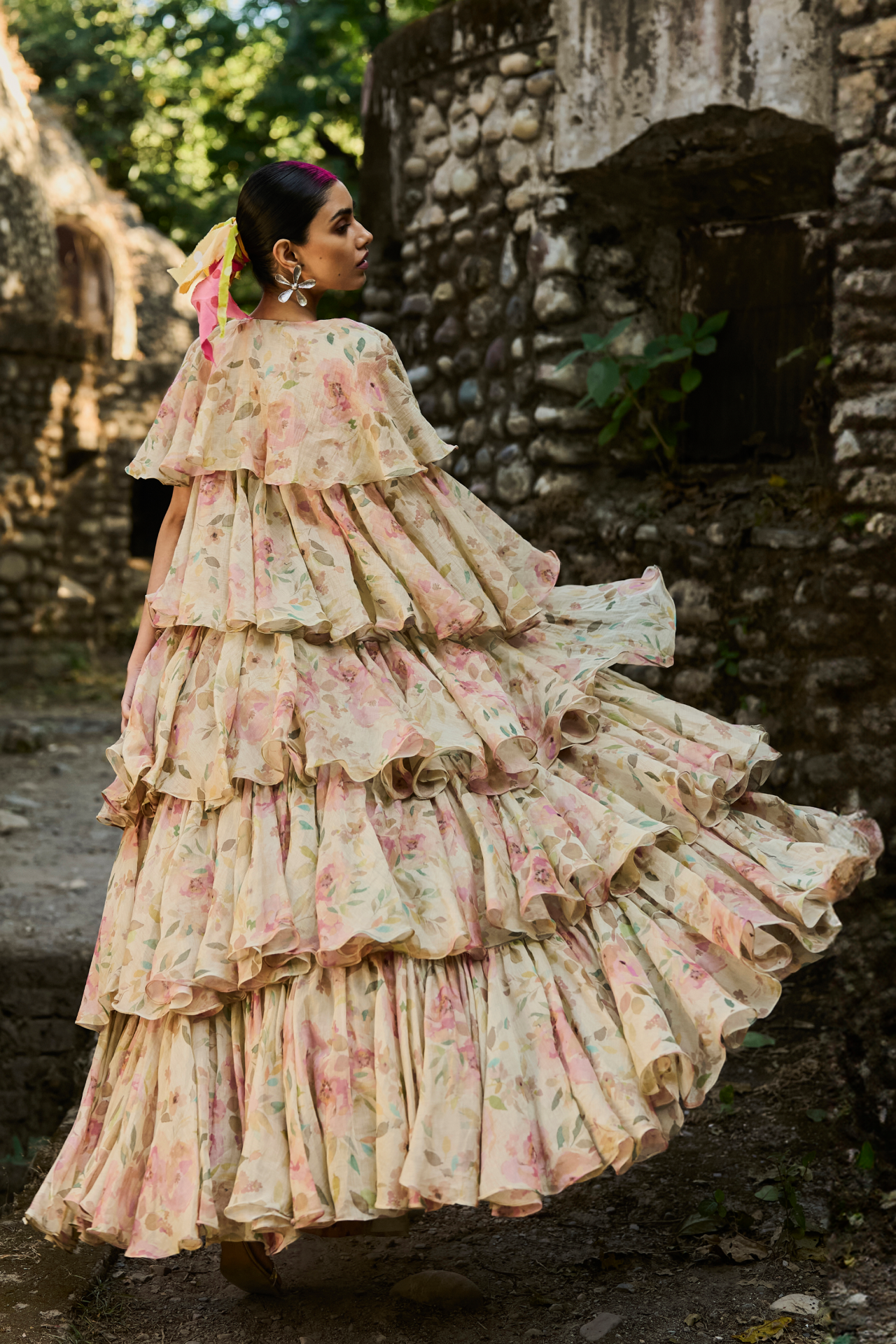 Long Floral Ruffled Cape