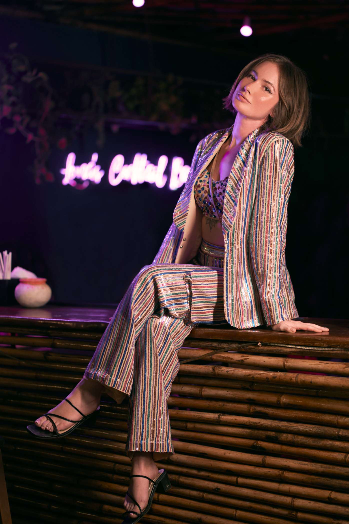 Nude Striped Cargo Pant with Metallic Sequinned Embroidery