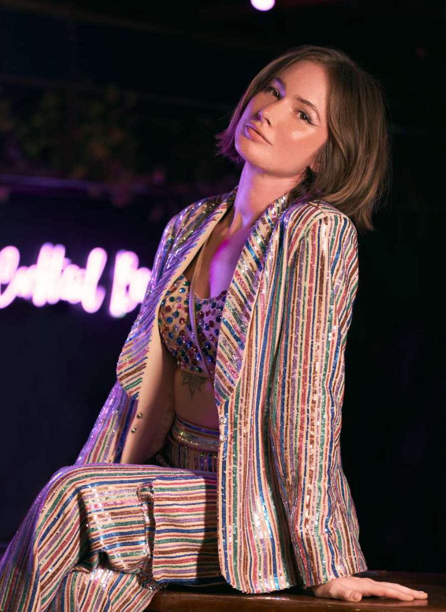 Nude Blazer with Metallic Sequinned Embroidery