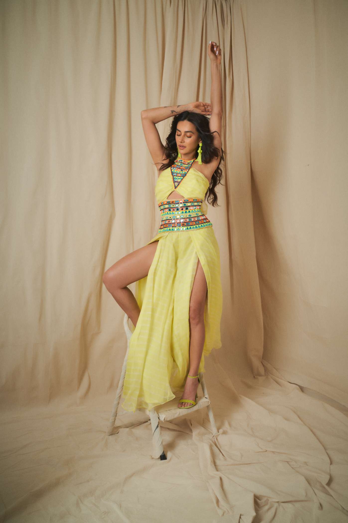 Yellow Bandhani Multicoloured Mirror Work Jumpsuit