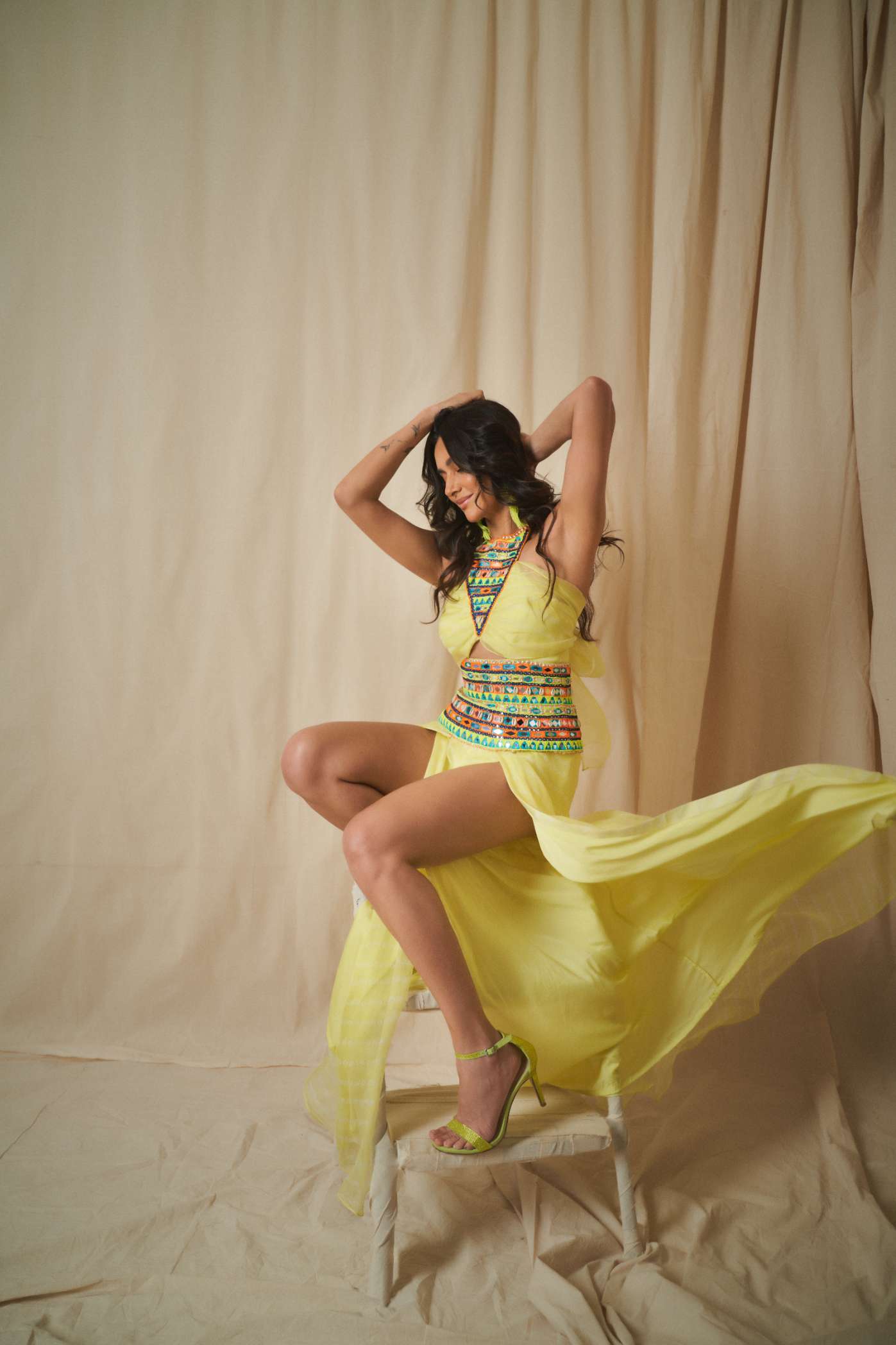 Yellow Bandhani Multicoloured Mirror Work Jumpsuit