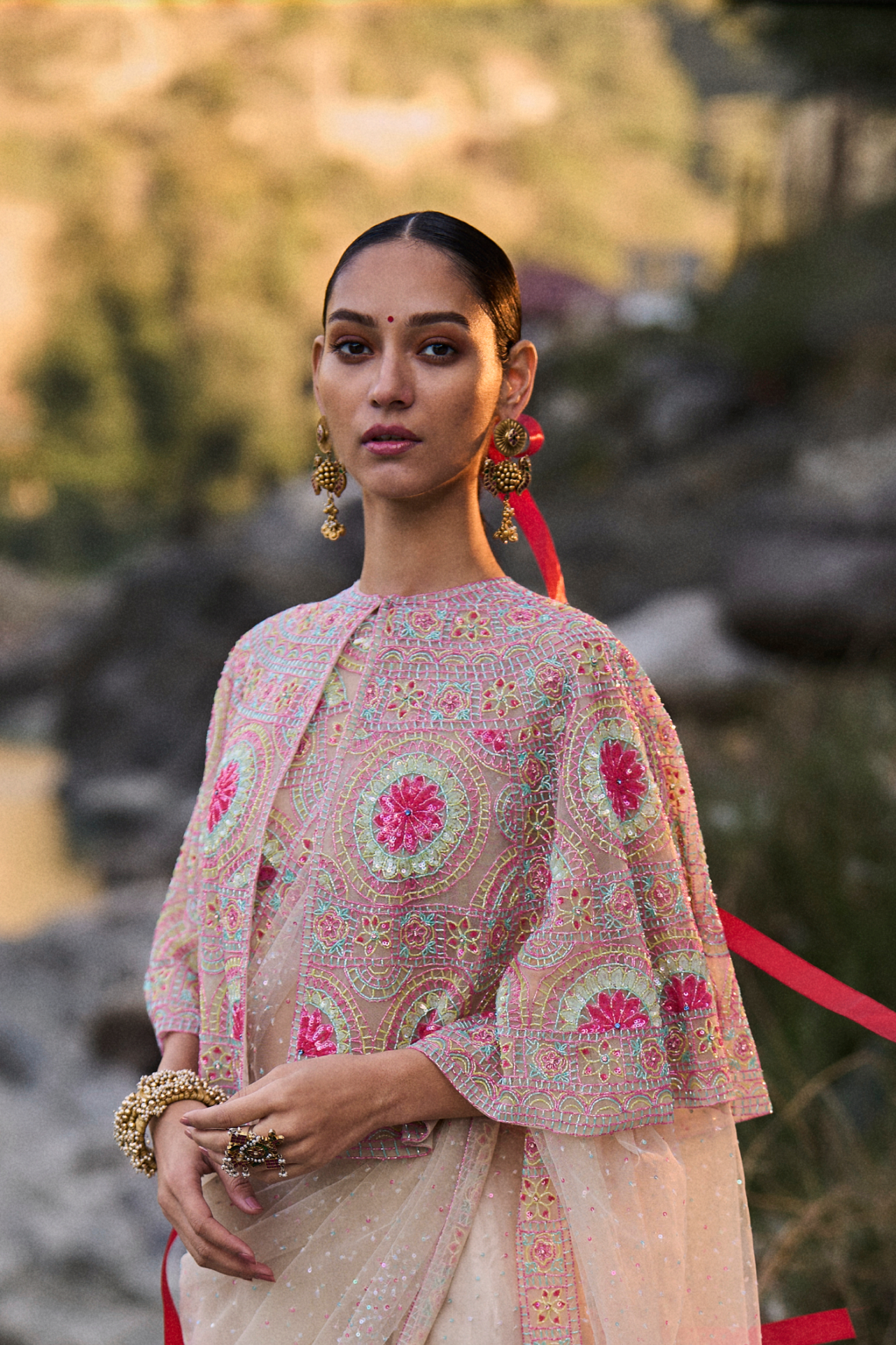 Multi Cutbeads Embroidered Cape
