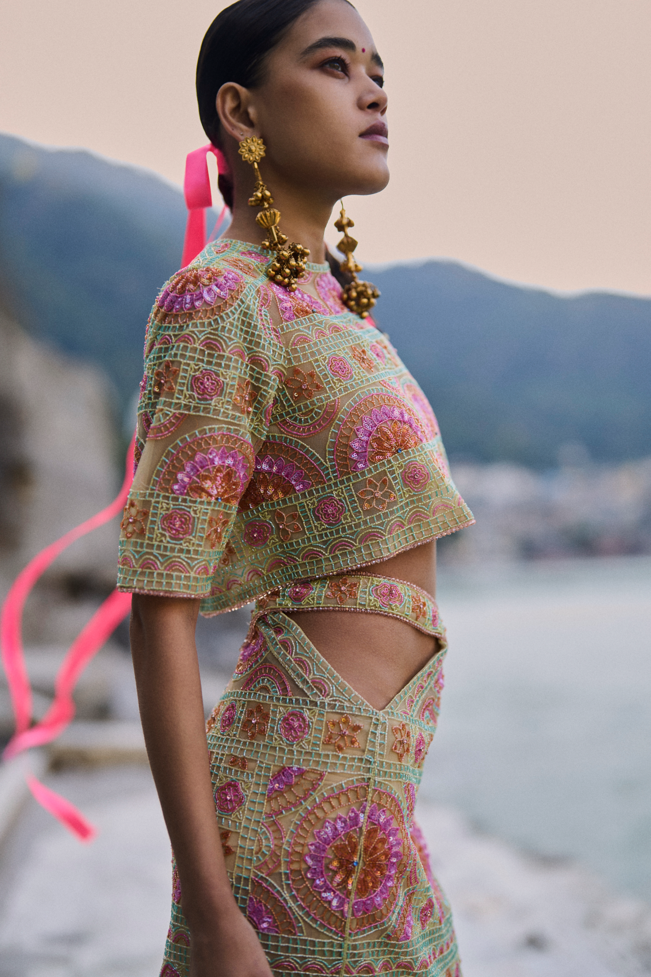 Multi Cutbeads Embroidered Cutout Skirt