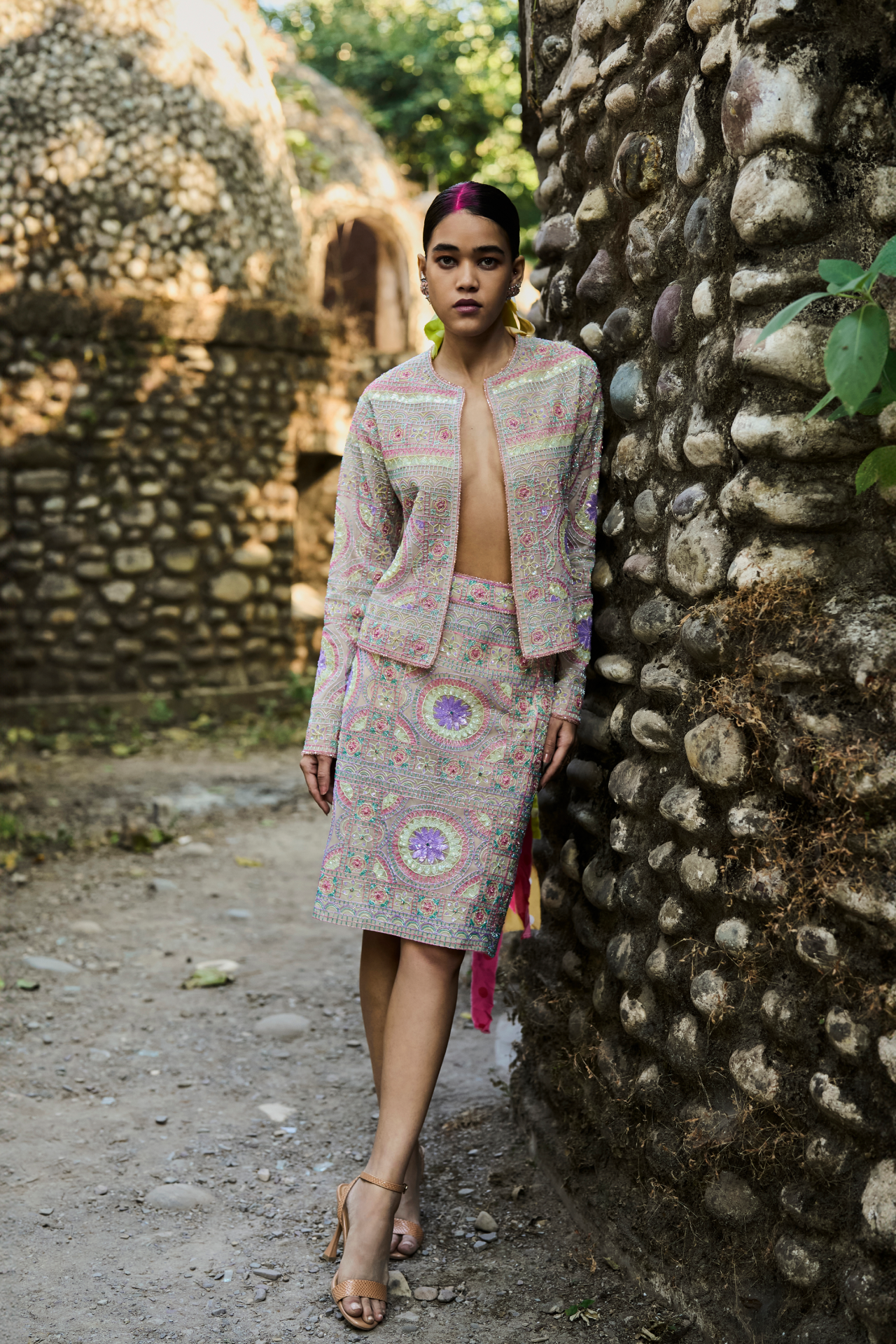 Multi Cutbeads Embroidered Skirt
