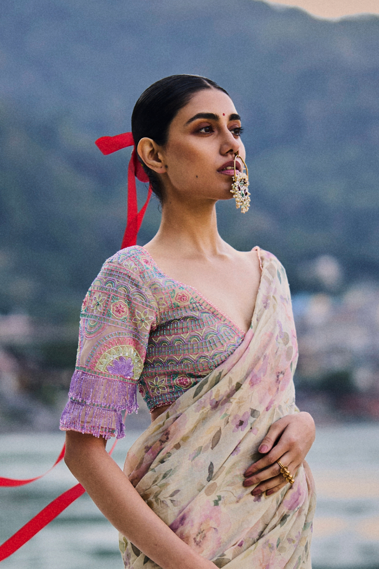 Multi Cutbeads Embroidered V-Neck Blouse