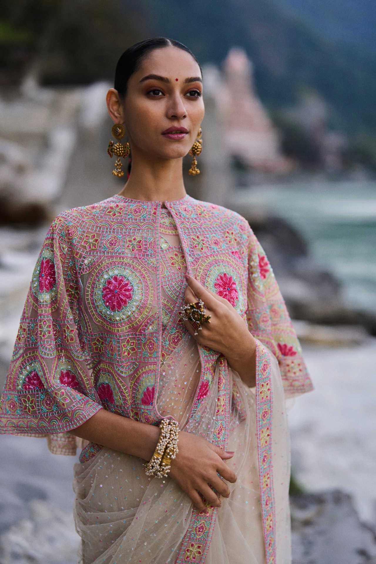 Multi Cutbeads Embroidered Net Saree