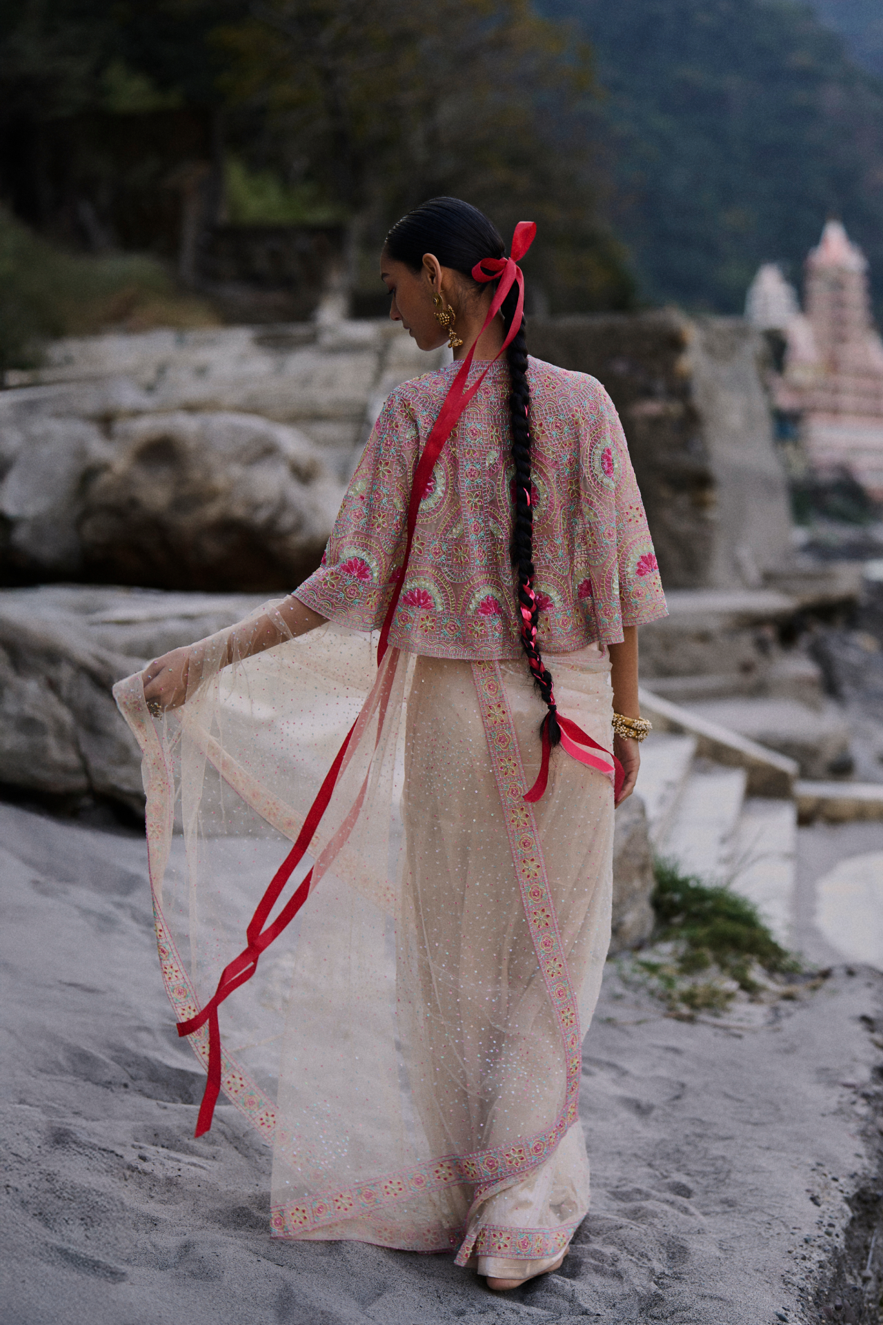 Multi Cutbeads Embroidered Net Saree