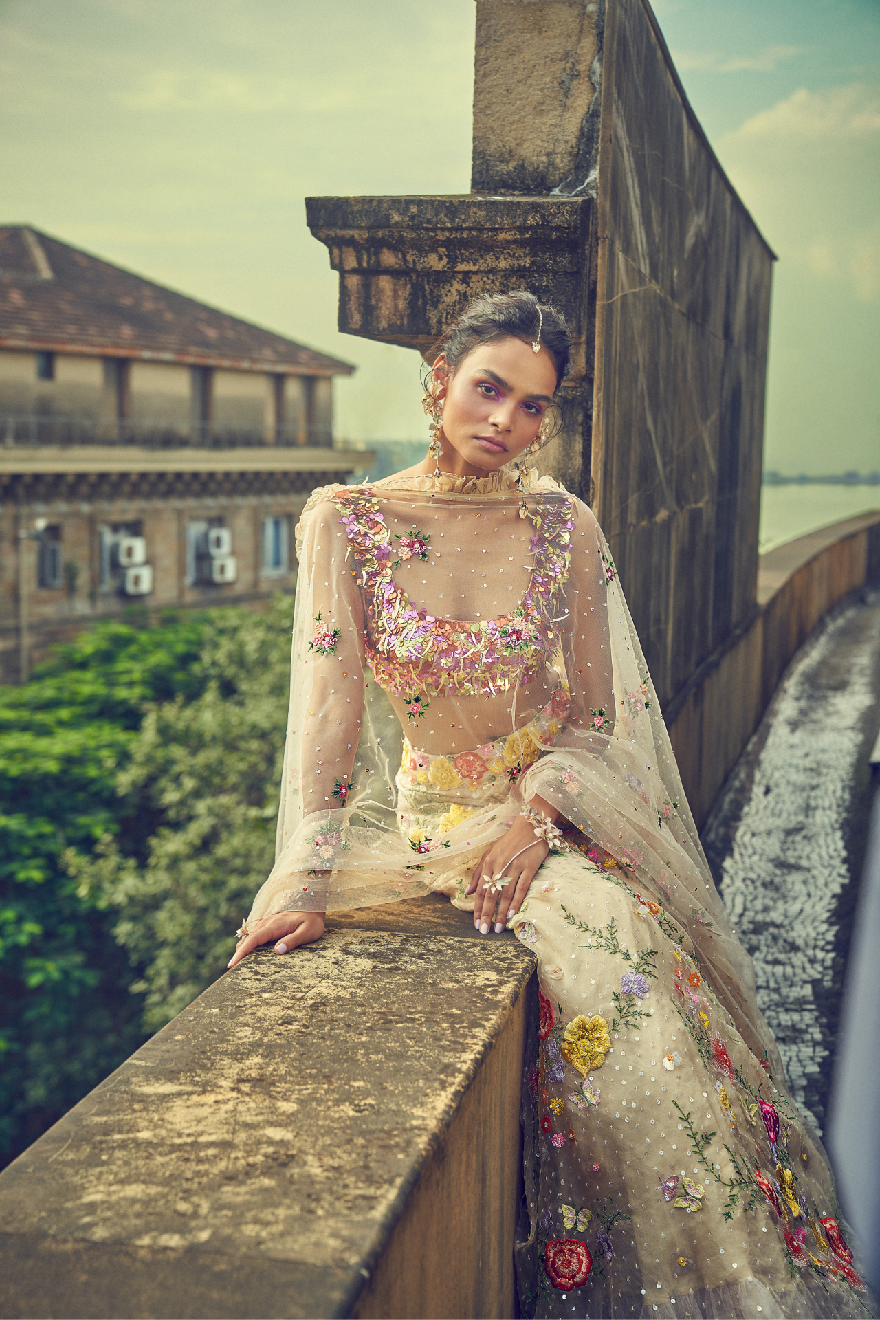 Nude Floral Embroidered Skirt