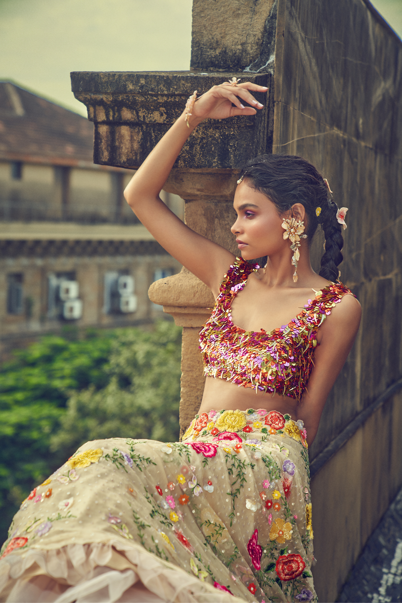 Nude Floral Embroidered Skirt