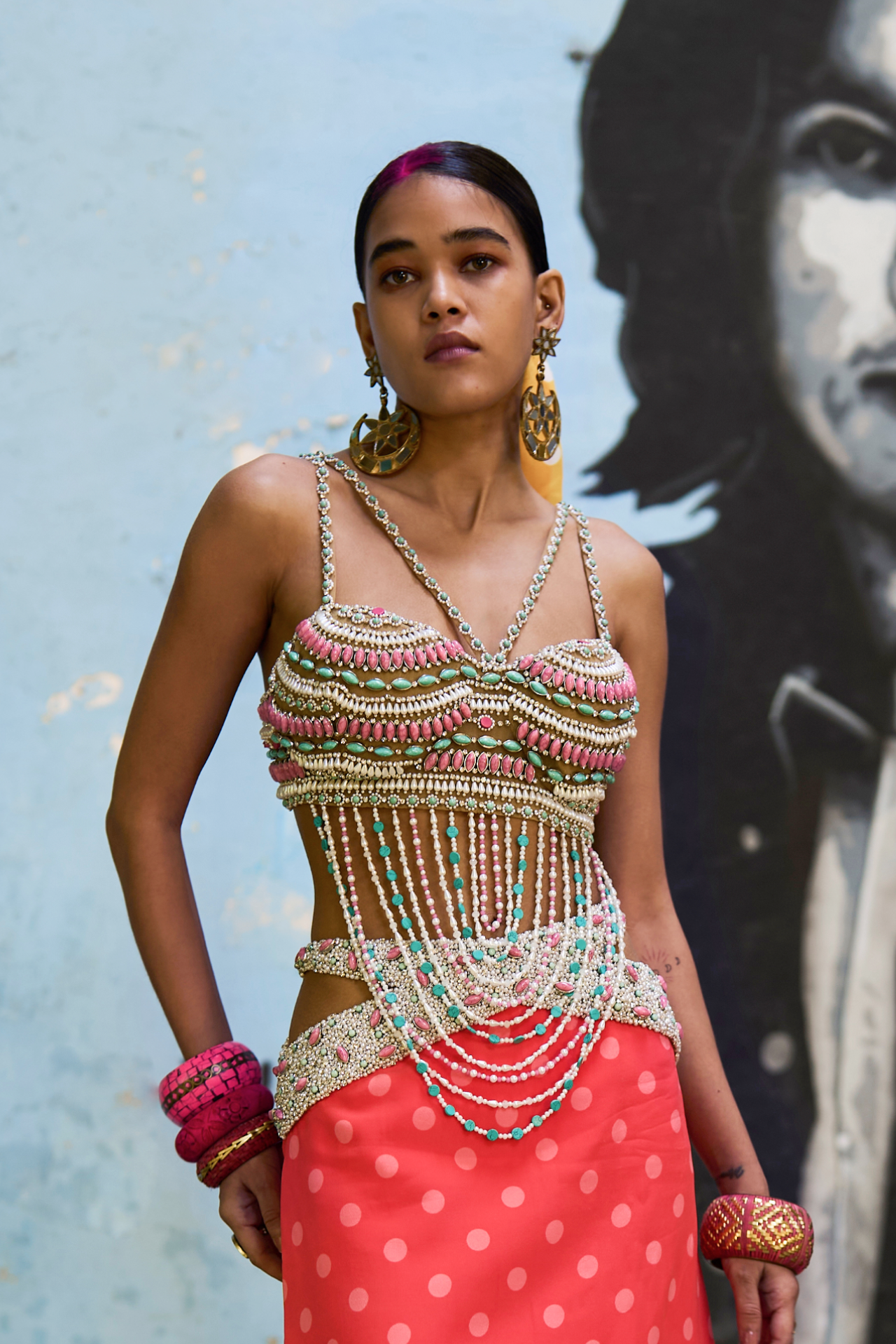 Nude Jeweled Blouse With Hangings
