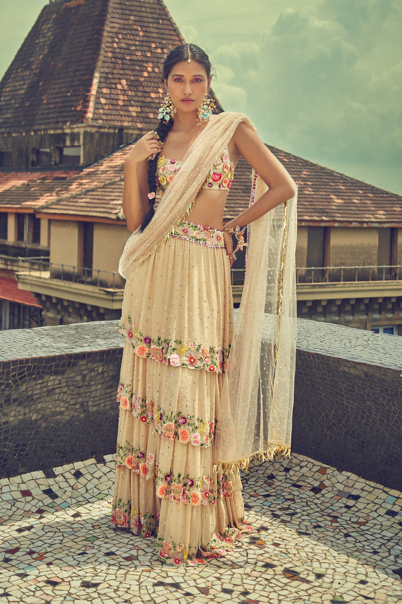 Nude Layered Stitched Saree