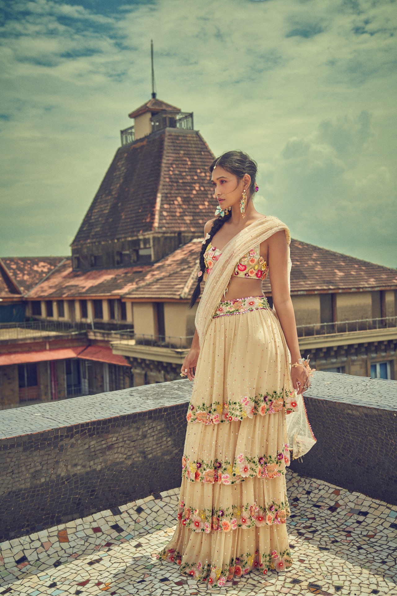 Nude Layered Stitched Saree