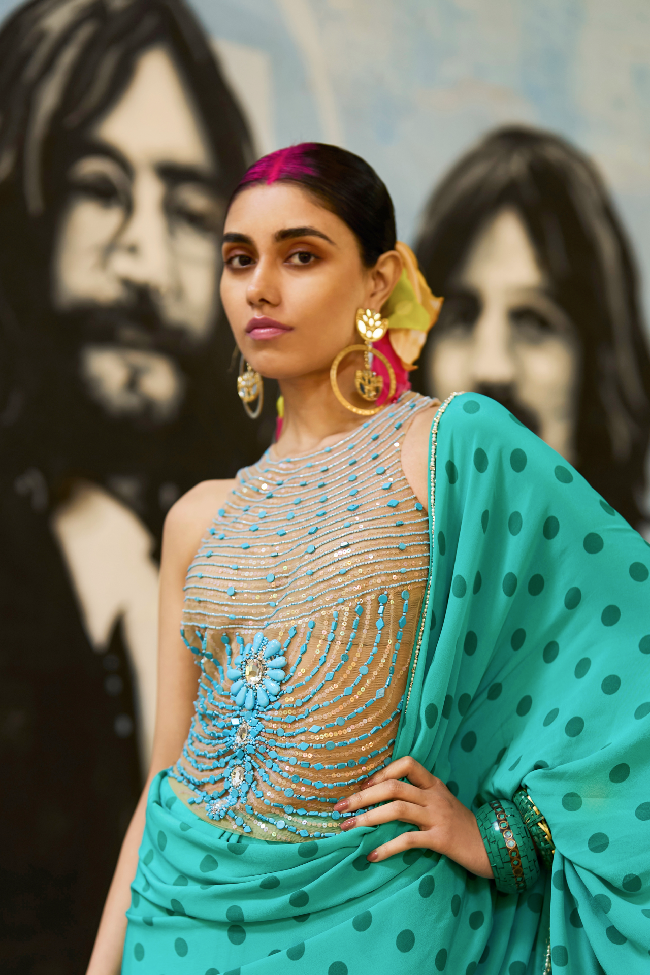 Nude Top with Turquoise Embroidery