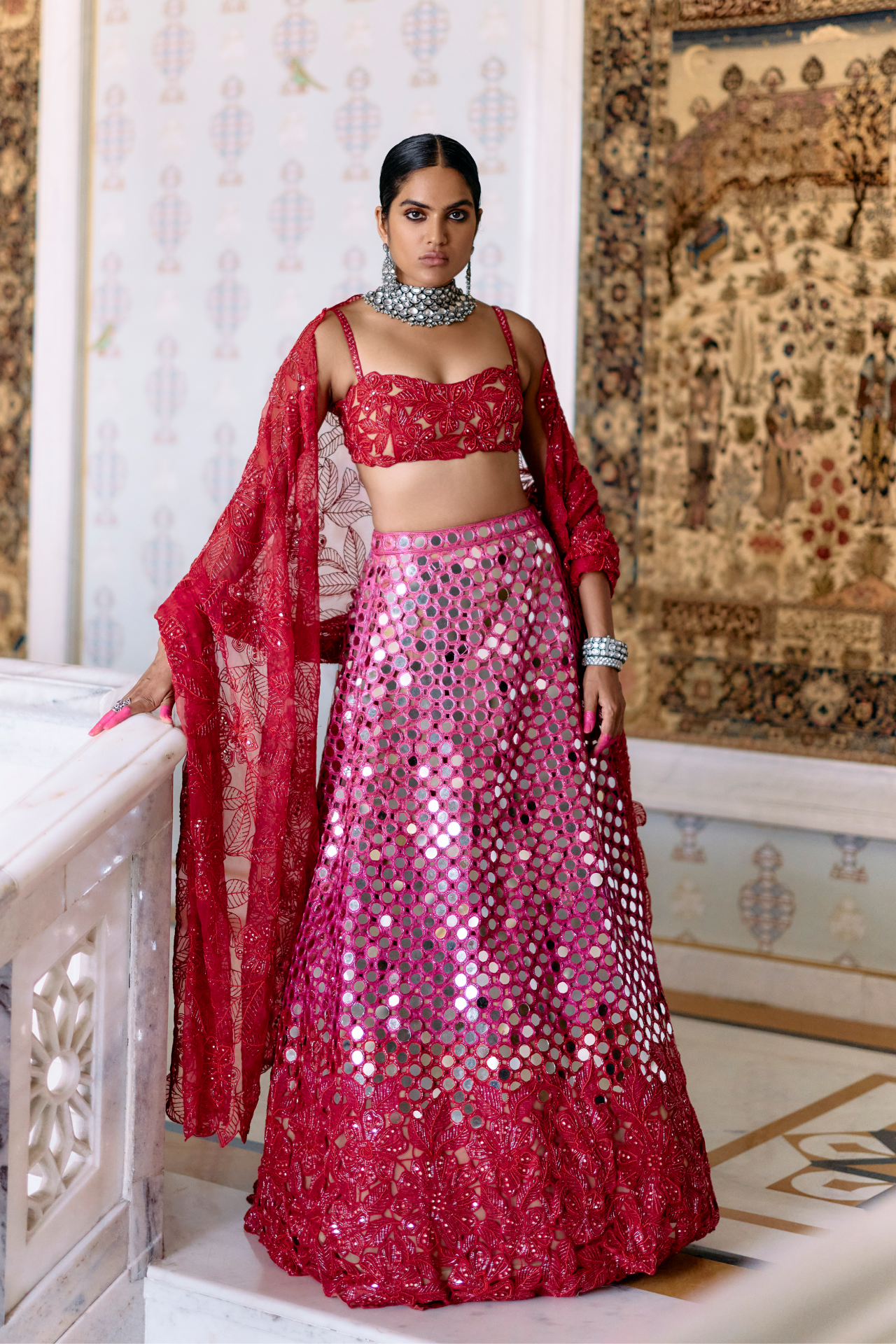 Red Embroidered Dupatta